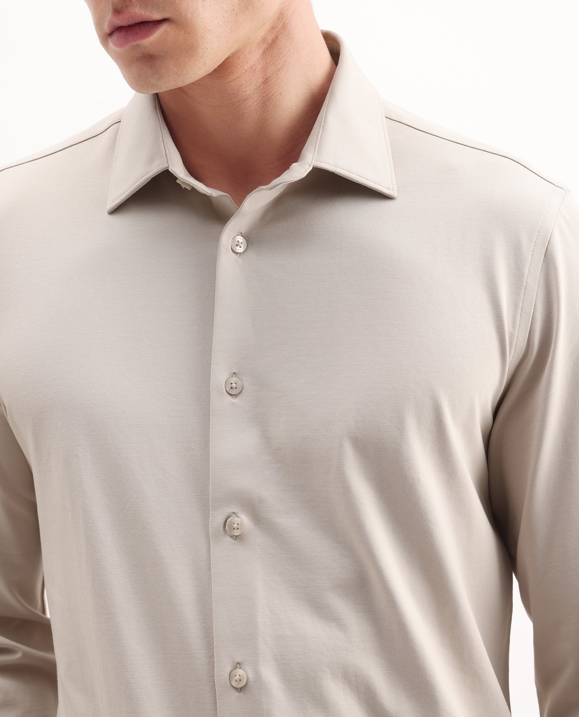 Rare Rabbit Men's Tour Light Beige Cotton Blend Plain Regular Fit Full Sleeve Collared Shirt