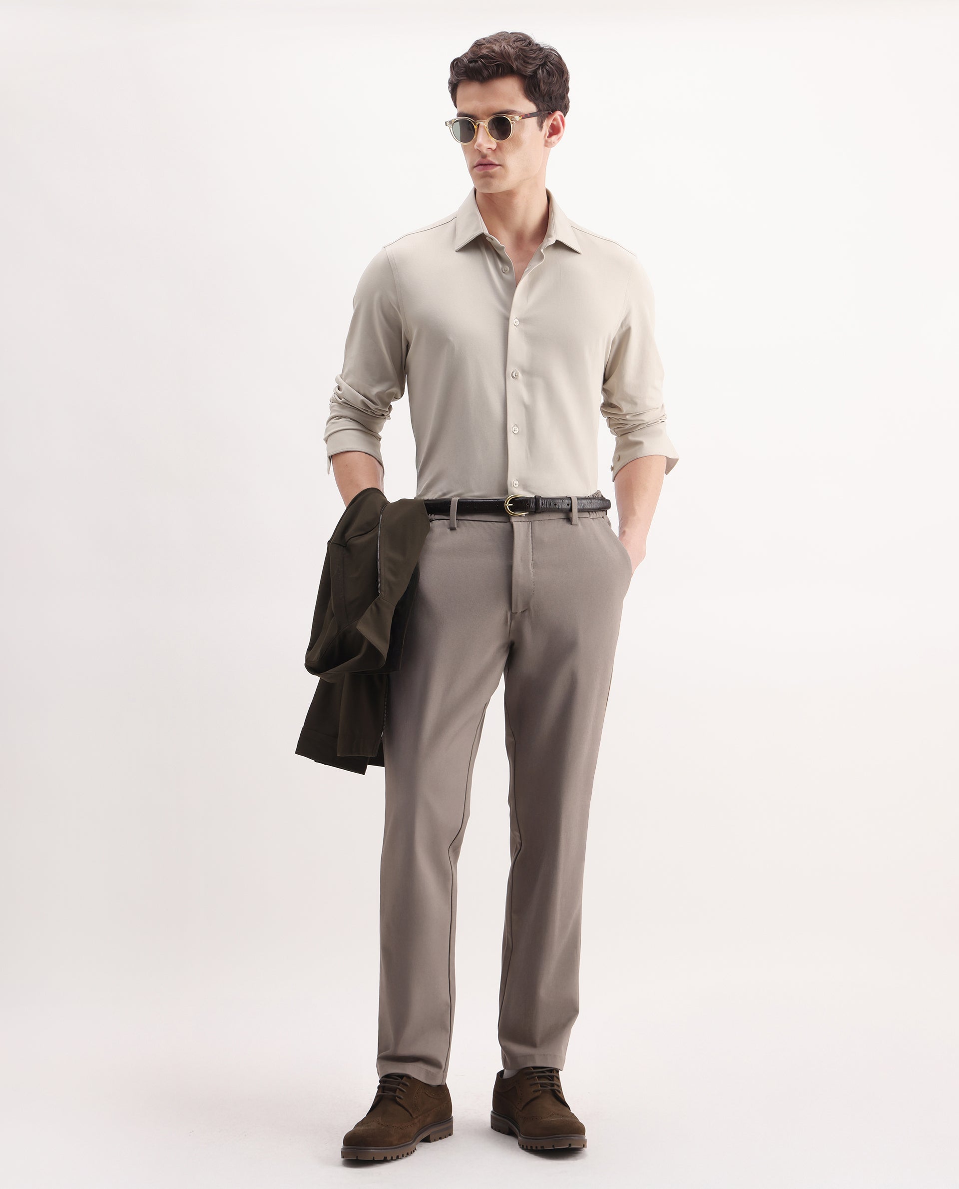 Rare Rabbit Men's Tour Light Beige Cotton Blend Plain Regular Fit Full Sleeve Collared Shirt