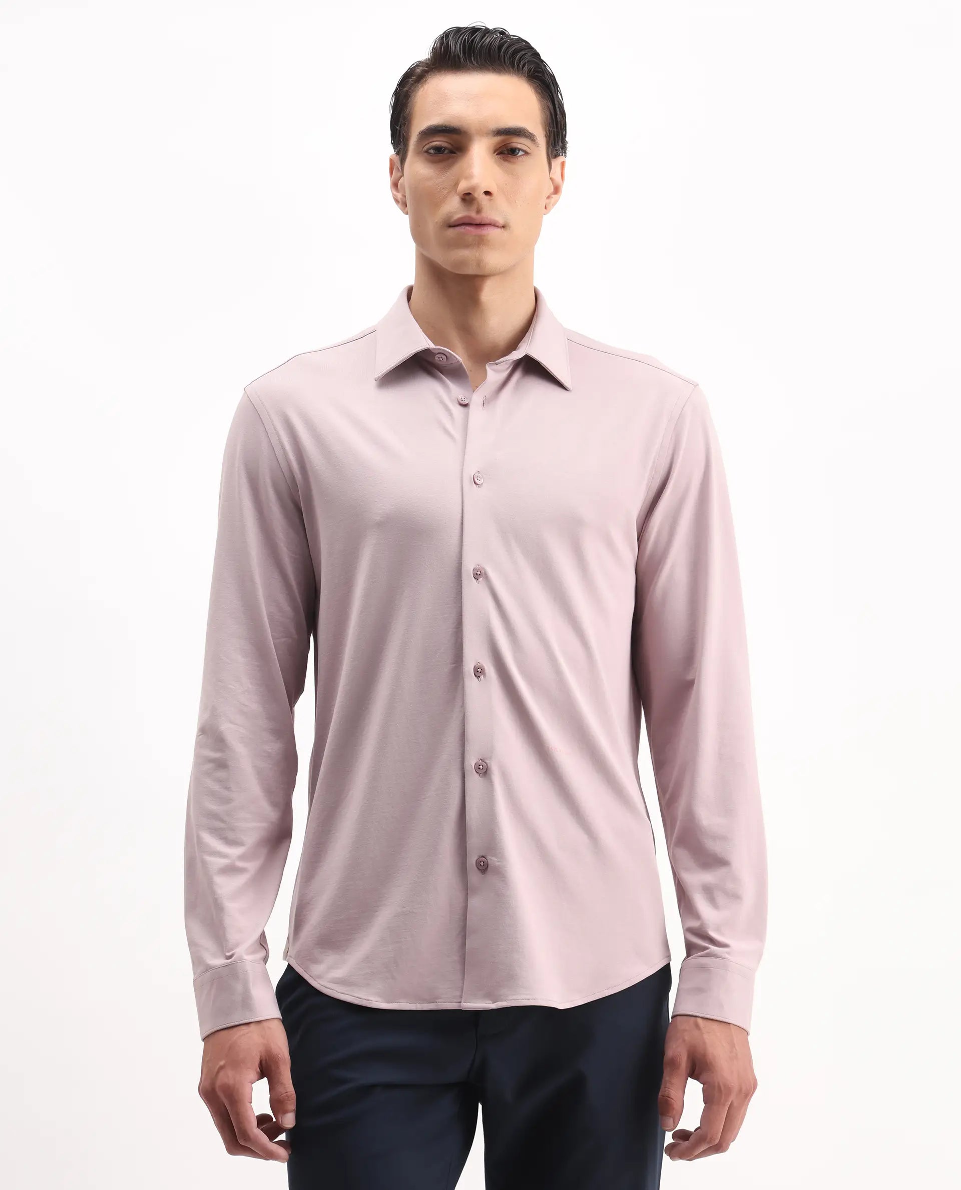 Rare Rabbit Men's Tour-25 Dusky Pink Cotton Blend Plain Regular Fit Full Sleeve Collared Shirt