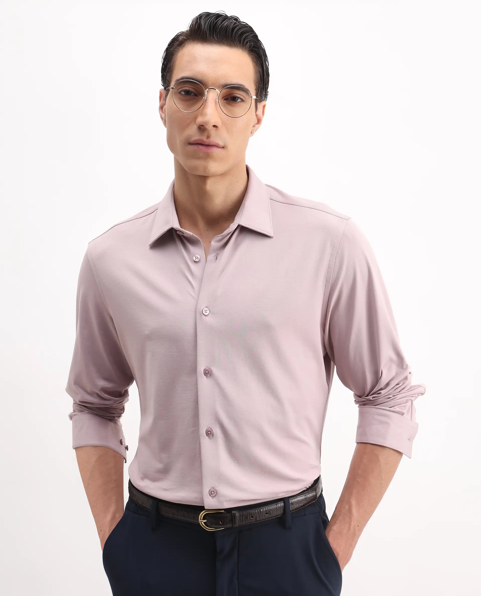 Rare Rabbit Men's Tour-25 Dusky Pink Cotton Blend Plain Regular Fit Full Sleeve Collared Shirt