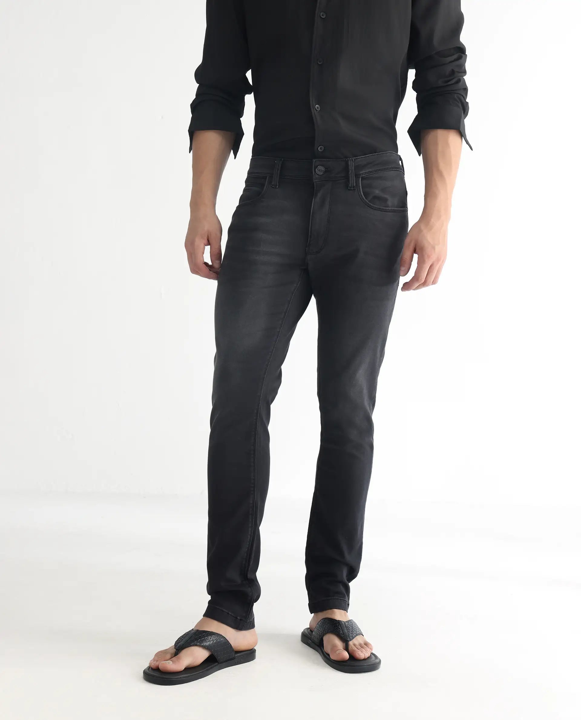 Rare Rabbit Men's Tours Black Cotton Plain Hawk Slim Fit Jeans