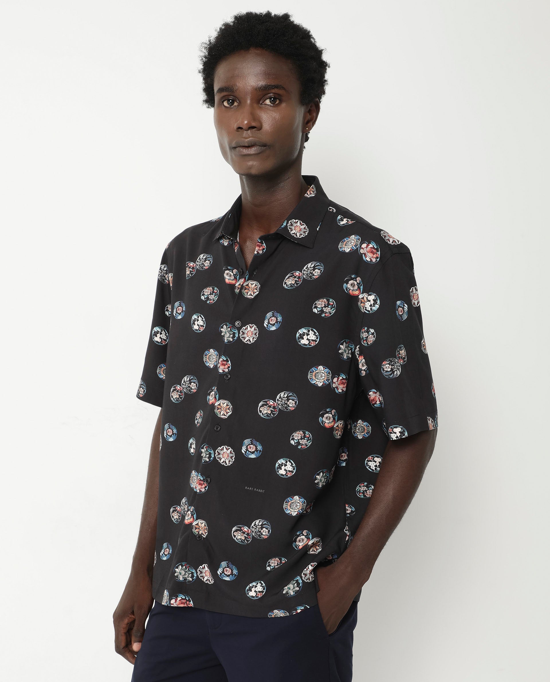 Rare Rabbit Men's Towen SS Black Viscose Fabric Half Sleeves Boxy Fit Floral Print Shirt