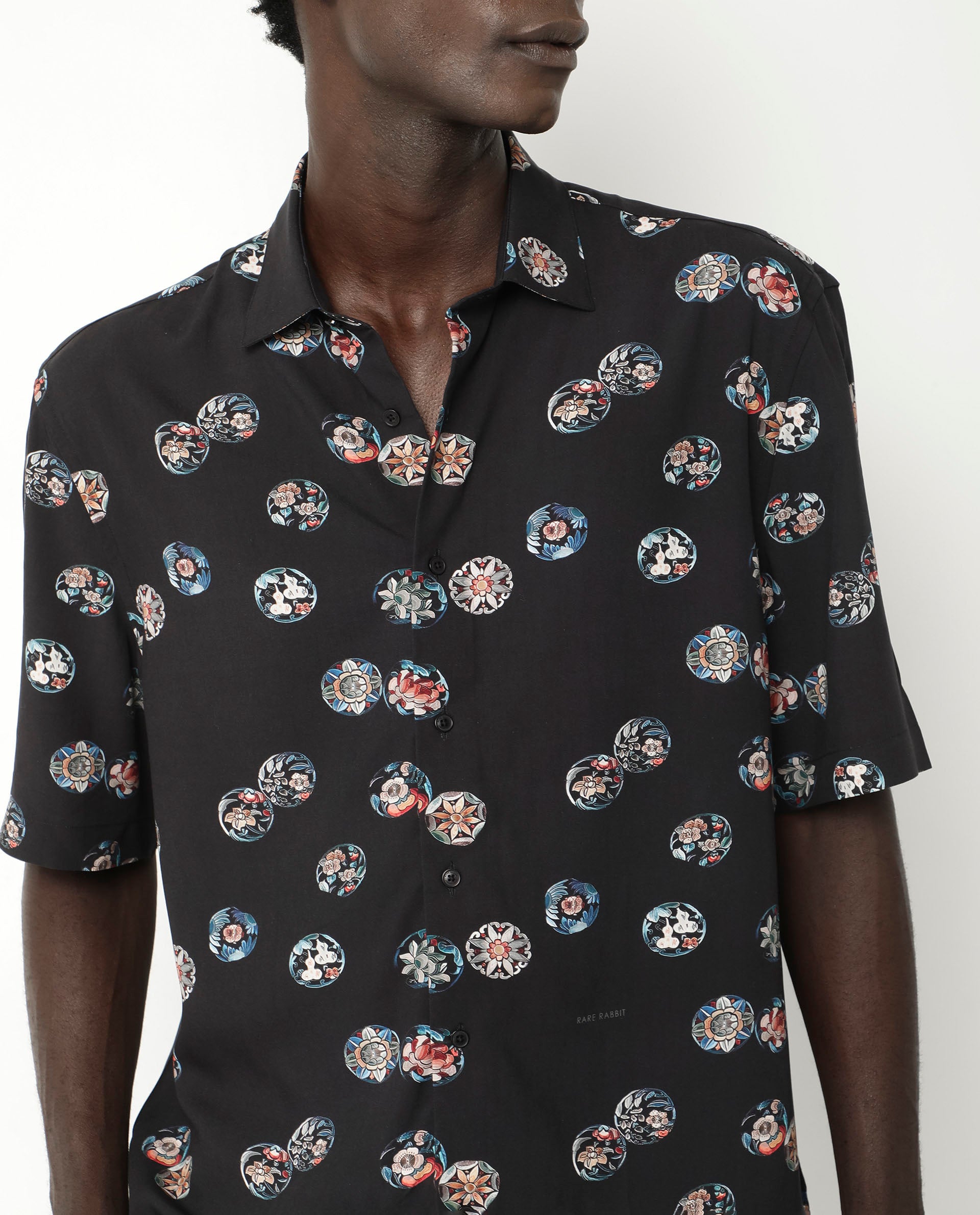 Rare Rabbit Men's Towen SS Black Viscose Fabric Half Sleeves Boxy Fit Floral Print Shirt