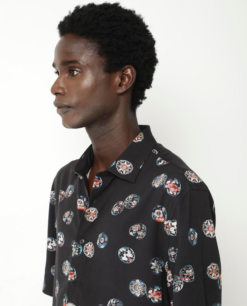 Rare Rabbit Men's Towen SS Black Viscose Fabric Half Sleeves Boxy Fit Floral Print Shirt