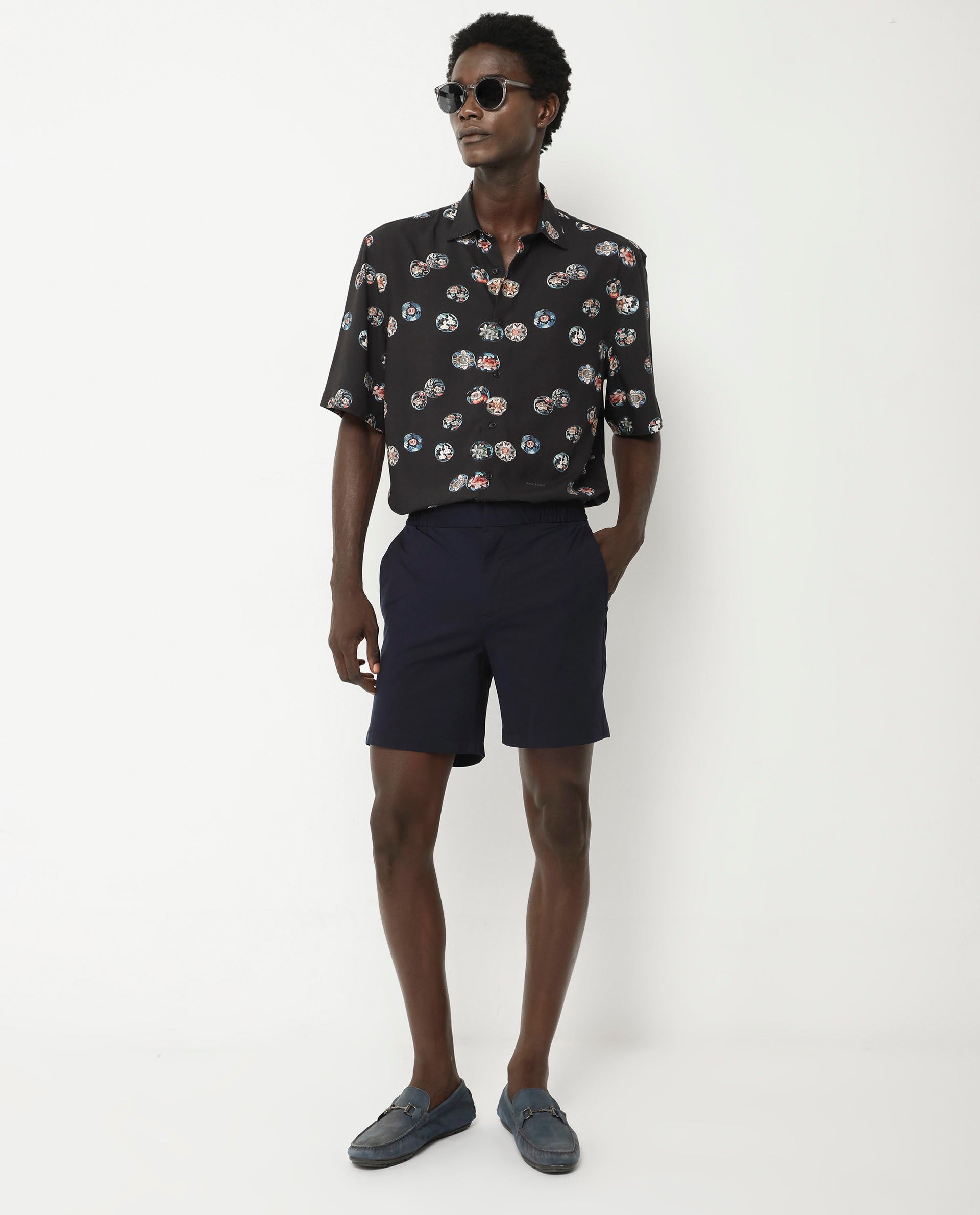 Rare Rabbit Men's Towen SS Black Viscose Fabric Half Sleeves Boxy Fit Floral Print Shirt