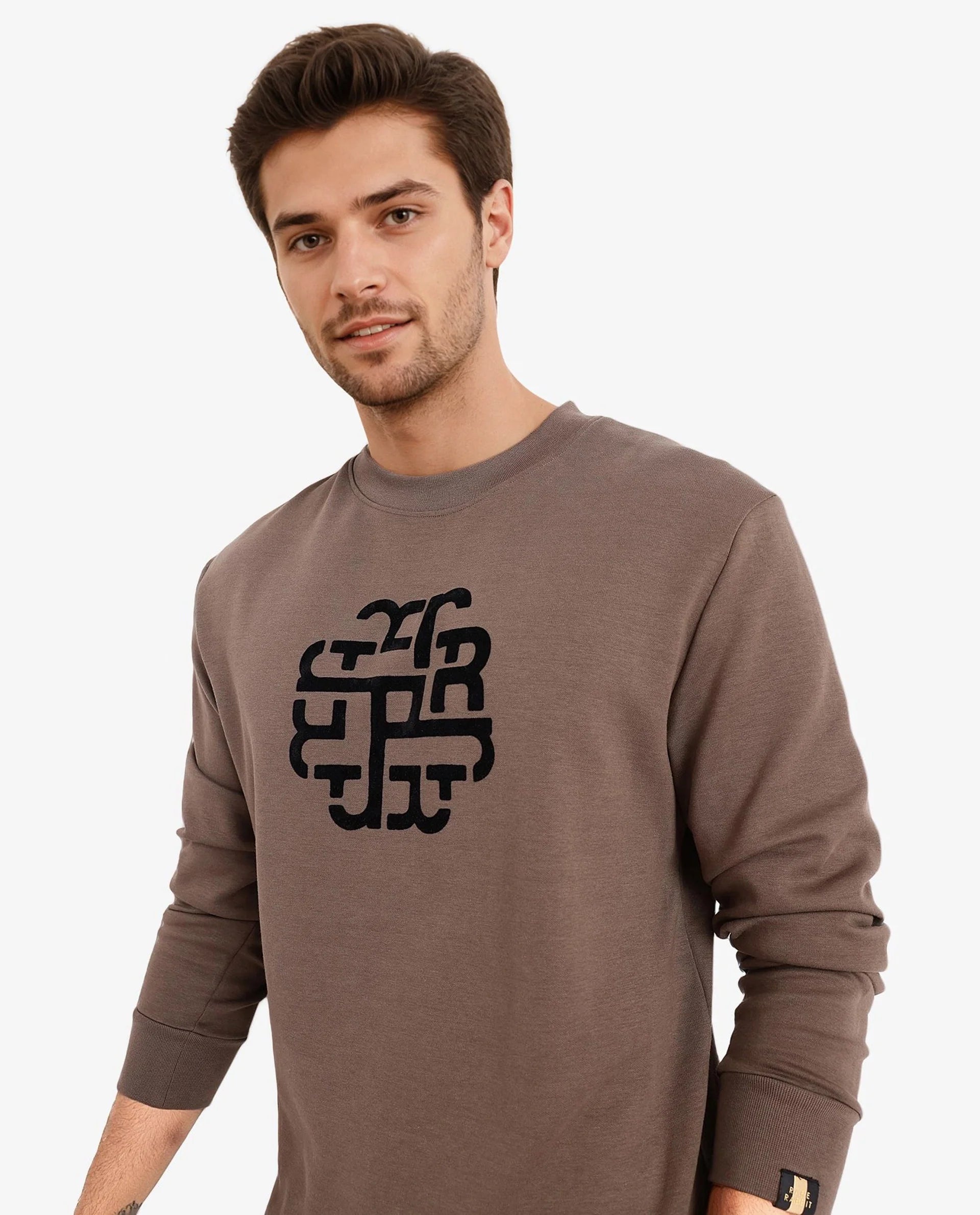 Rare Rabbit Men Toxon Dusky Olive Cotton Polyester Fabric Full Sleeve Crew Neck Regular Fit Flock Graphic Print Sweatshirt