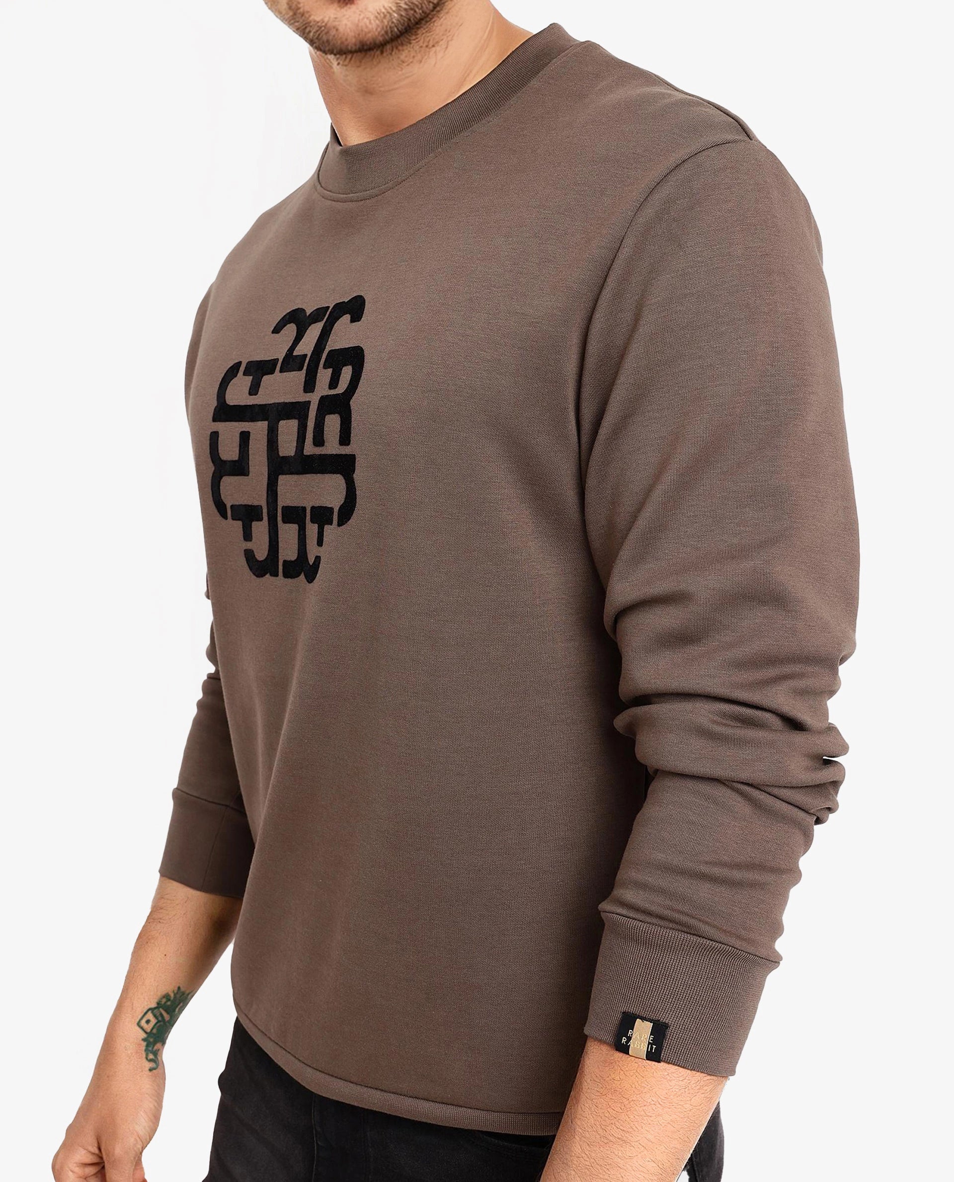 Rare Rabbit Men Toxon Dusky Olive Cotton Polyester Fabric Full Sleeve Crew Neck Regular Fit Flock Graphic Print Sweatshirt