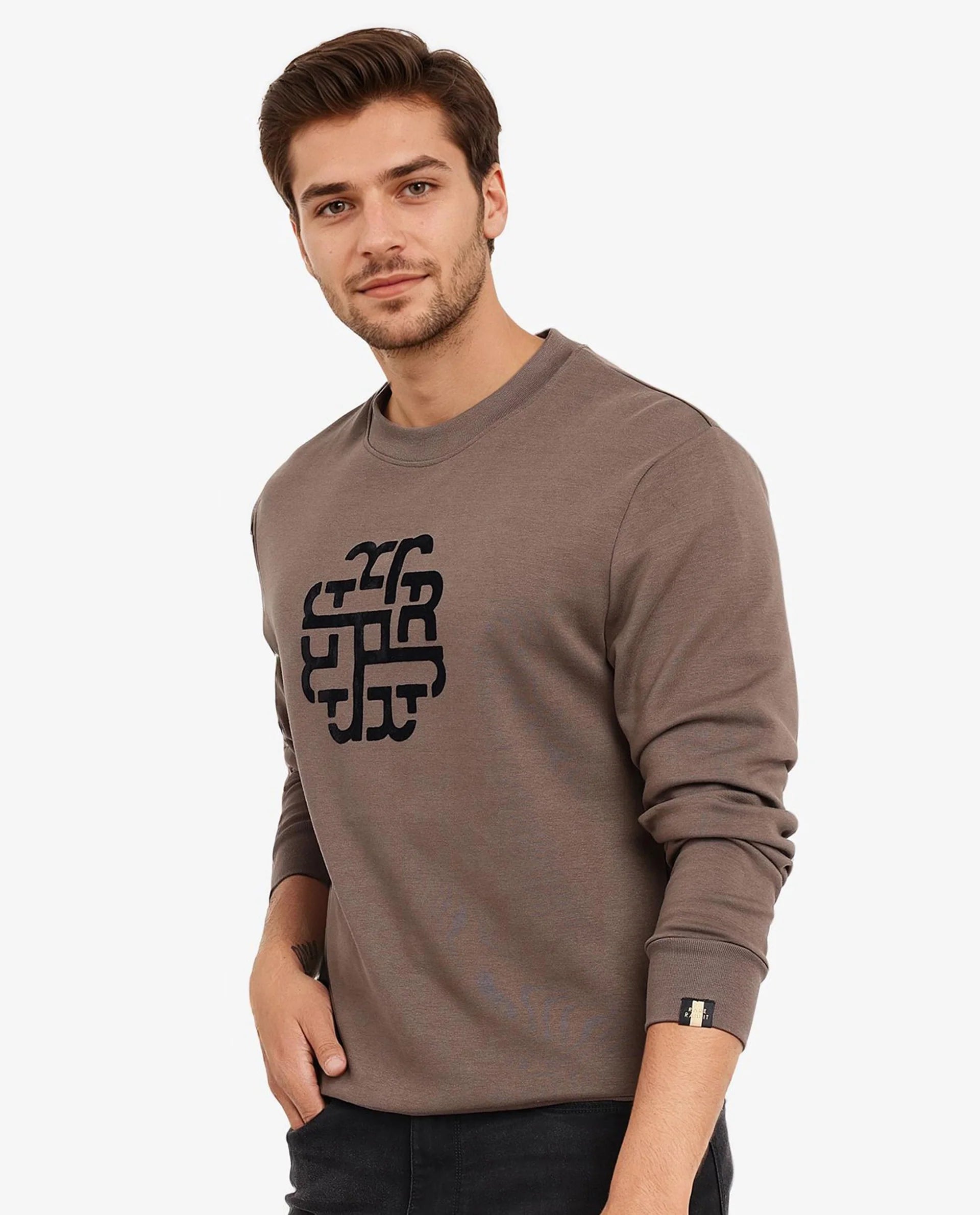 Rare Rabbit Men Toxon Dusky Olive Cotton Polyester Fabric Full Sleeve Crew Neck Regular Fit Flock Graphic Print Sweatshirt