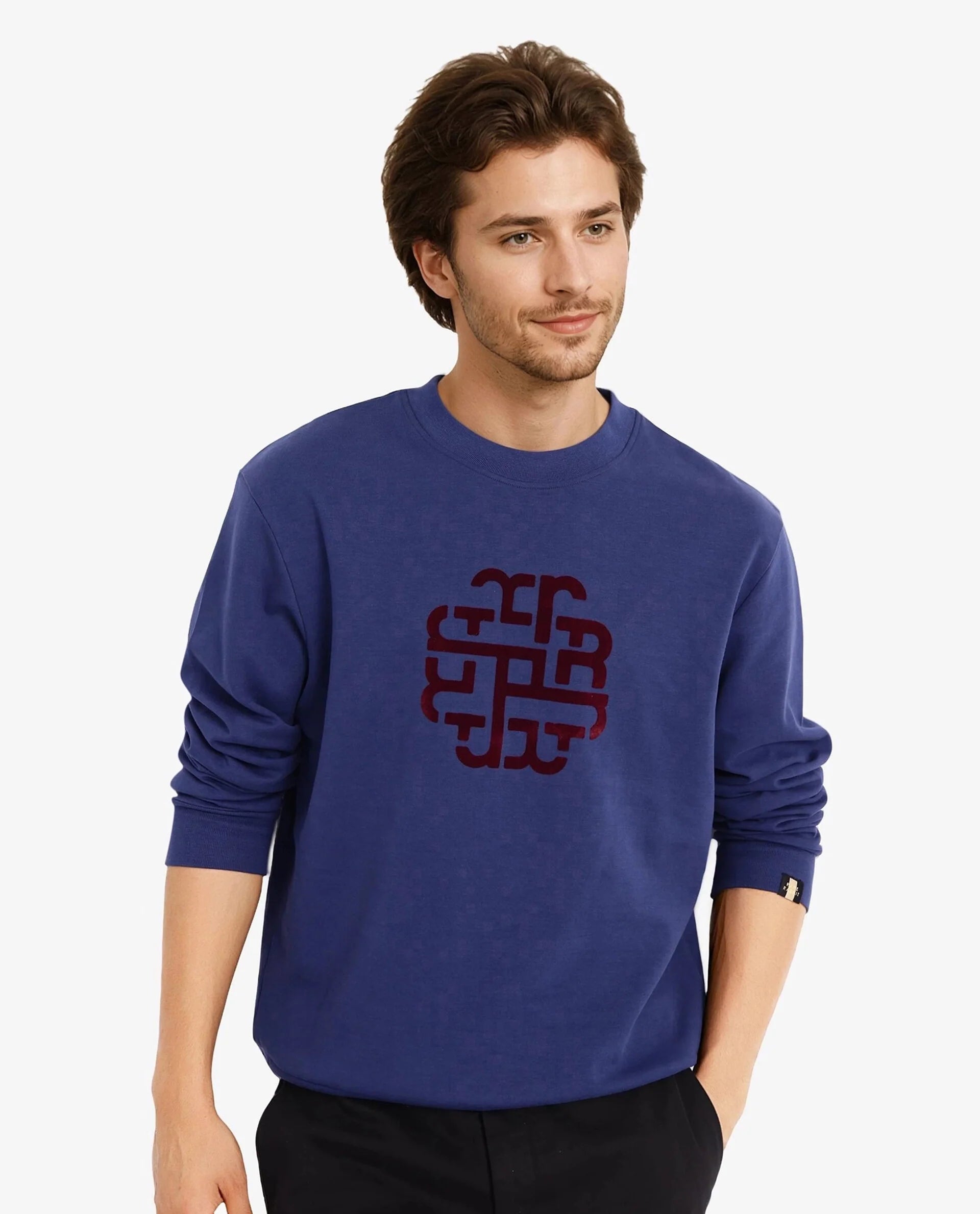 Rare Rabbit Men Toxon Navy Cotton Polyester Fabric Full Sleeve Crew Neck Regular Fit Flock Graphic Print Sweatshirt