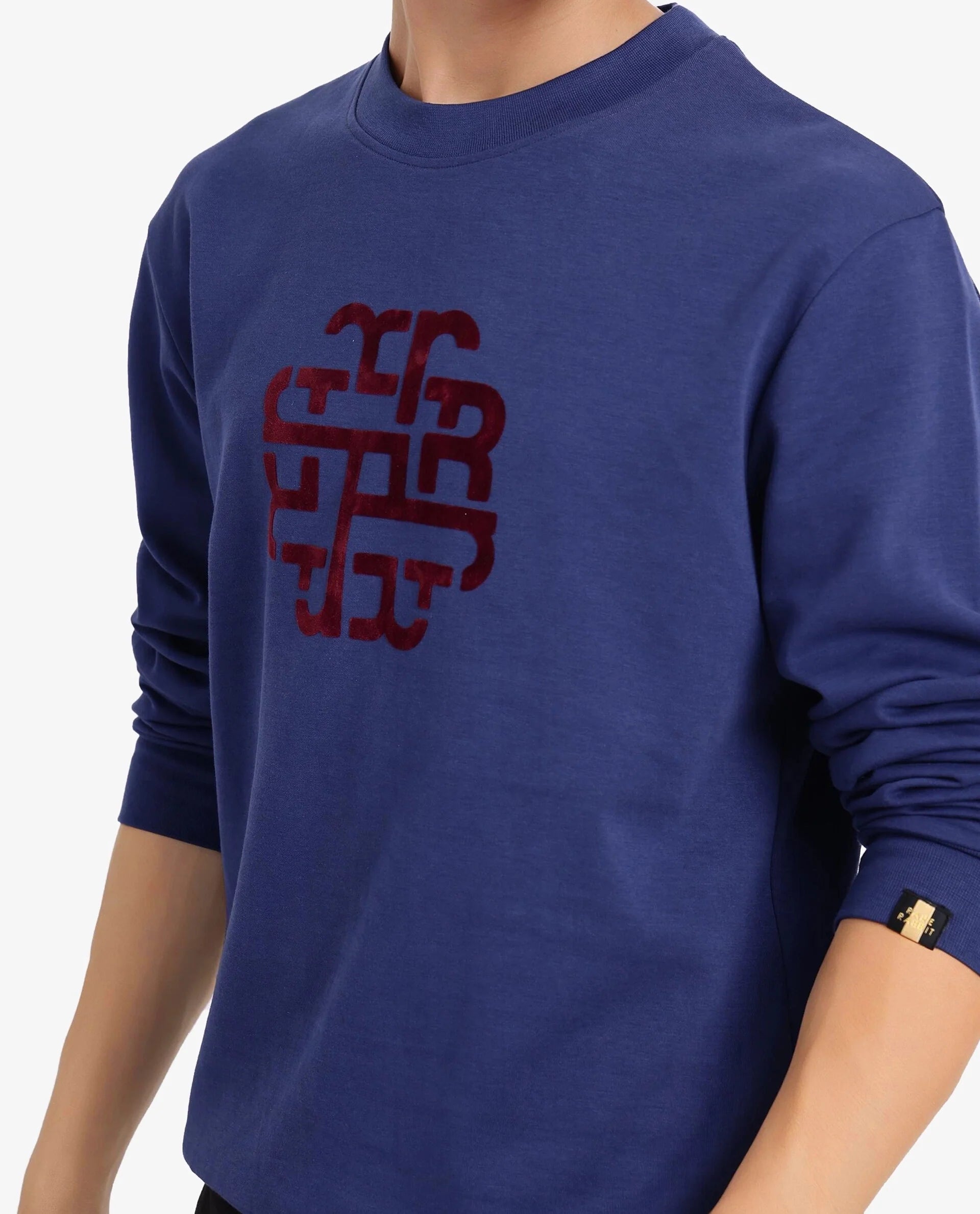 Rare Rabbit Men Toxon Navy Cotton Polyester Fabric Full Sleeve Crew Neck Regular Fit Flock Graphic Print Sweatshirt