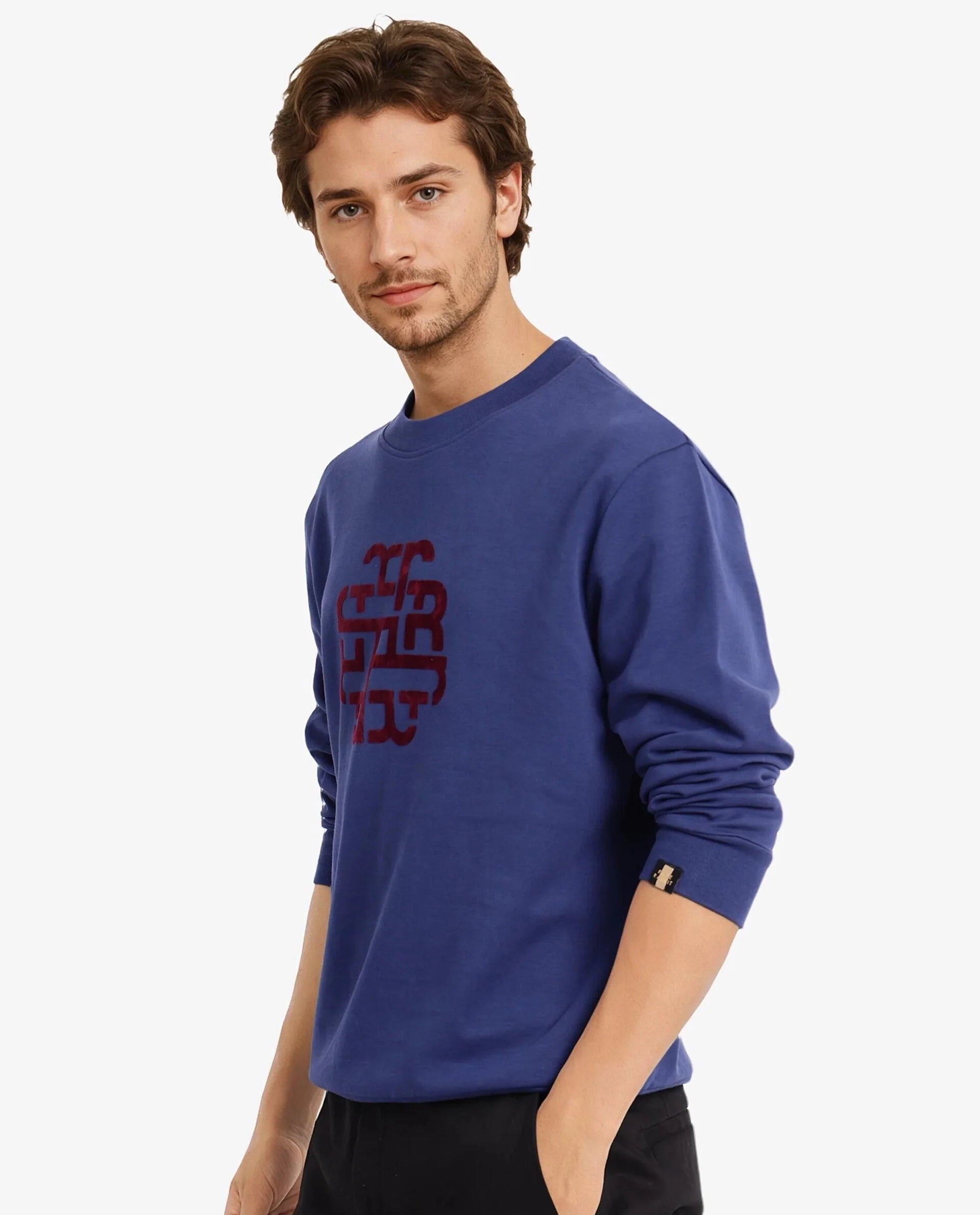 Rare Rabbit Men Toxon Navy Cotton Polyester Fabric Full Sleeve Crew Neck Regular Fit Flock Graphic Print Sweatshirt