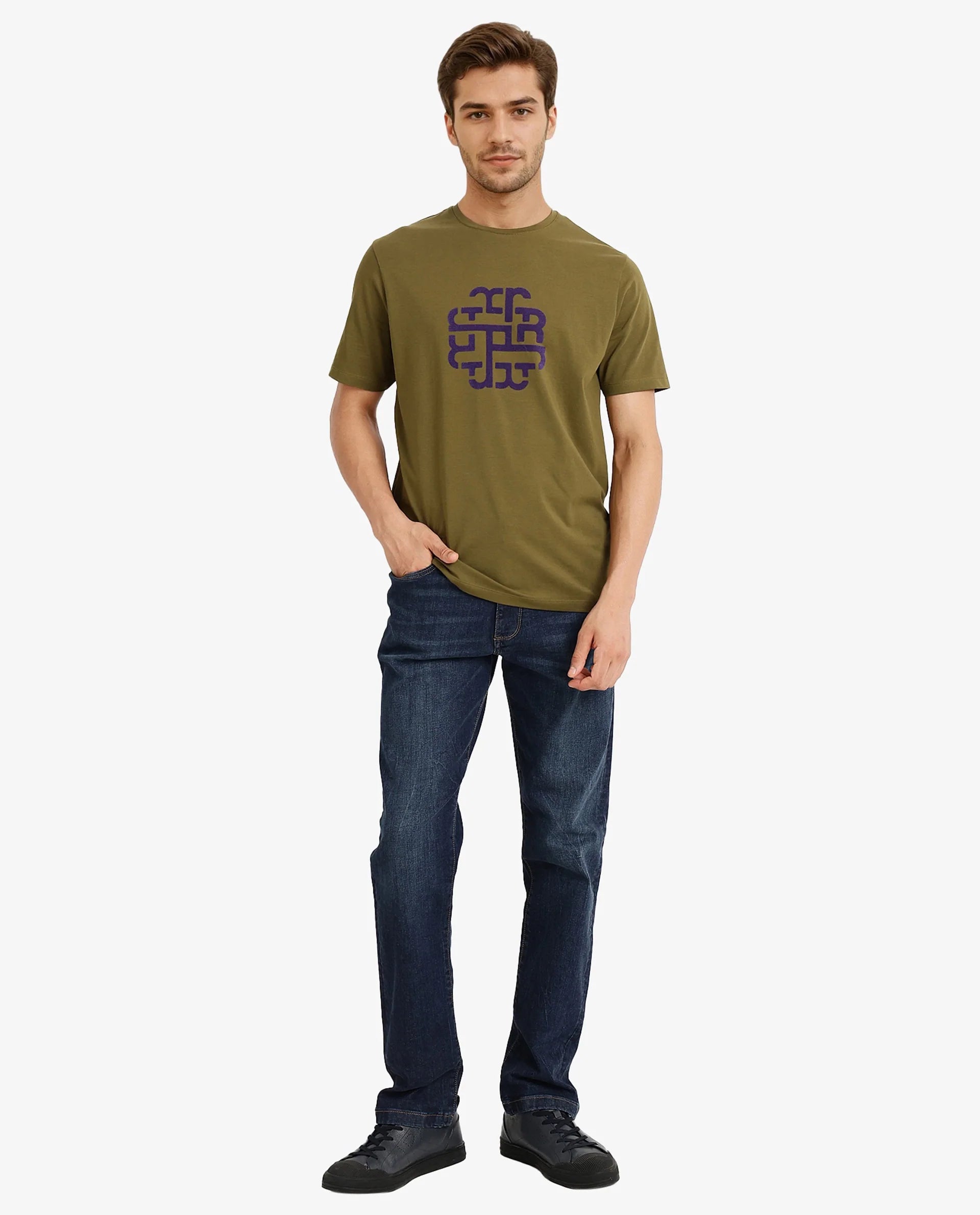 Rare Rabbit Men Toxy Olive Cotton Lycra Fabric Short Sleeve Crew Neck Regular Fit Graphic Flock Print T-Shirt