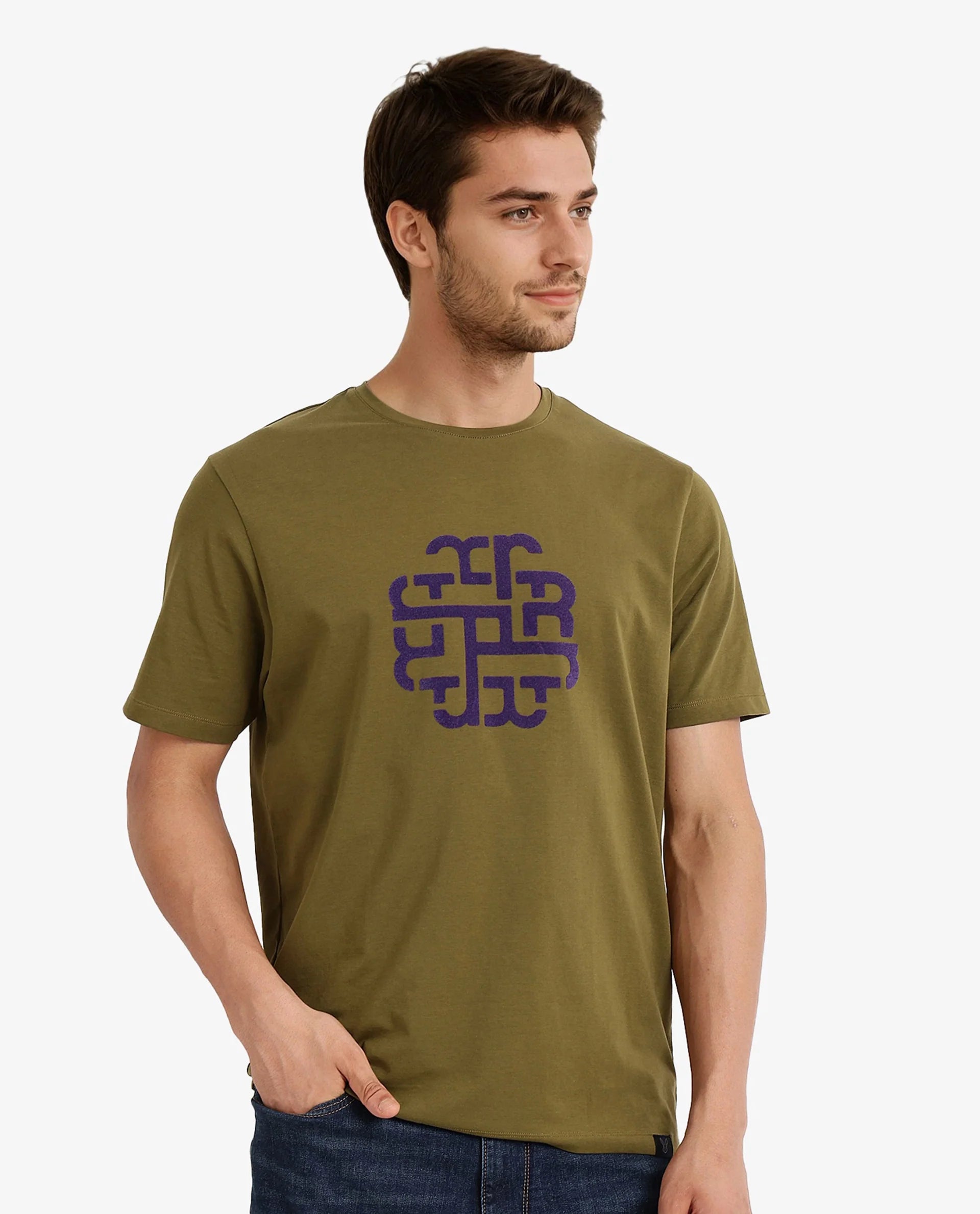 Rare Rabbit Men Toxy Olive Cotton Lycra Fabric Short Sleeve Crew Neck Regular Fit Graphic Flock Print T-Shirt