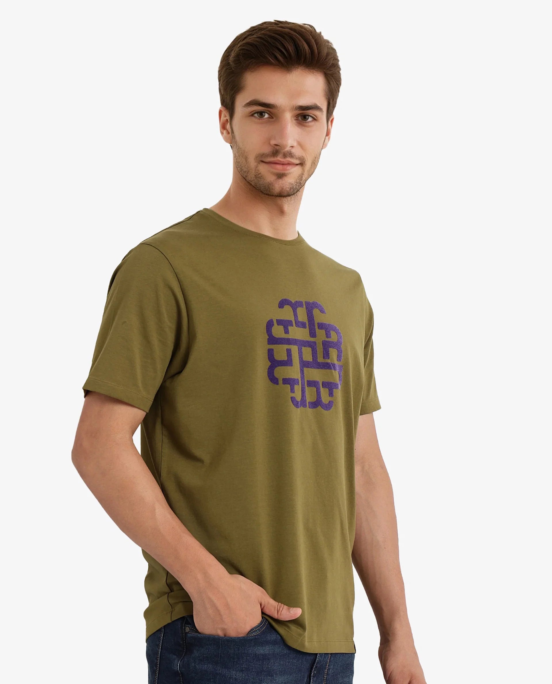 Rare Rabbit Men Toxy Olive Cotton Lycra Fabric Short Sleeve Crew Neck Regular Fit Graphic Flock Print T-Shirt