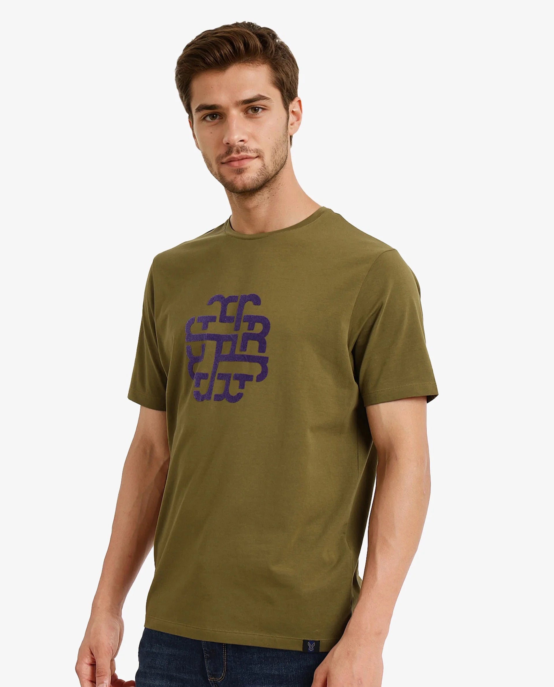 Rare Rabbit Men Toxy Olive Cotton Lycra Fabric Short Sleeve Crew Neck Regular Fit Graphic Flock Print T-Shirt