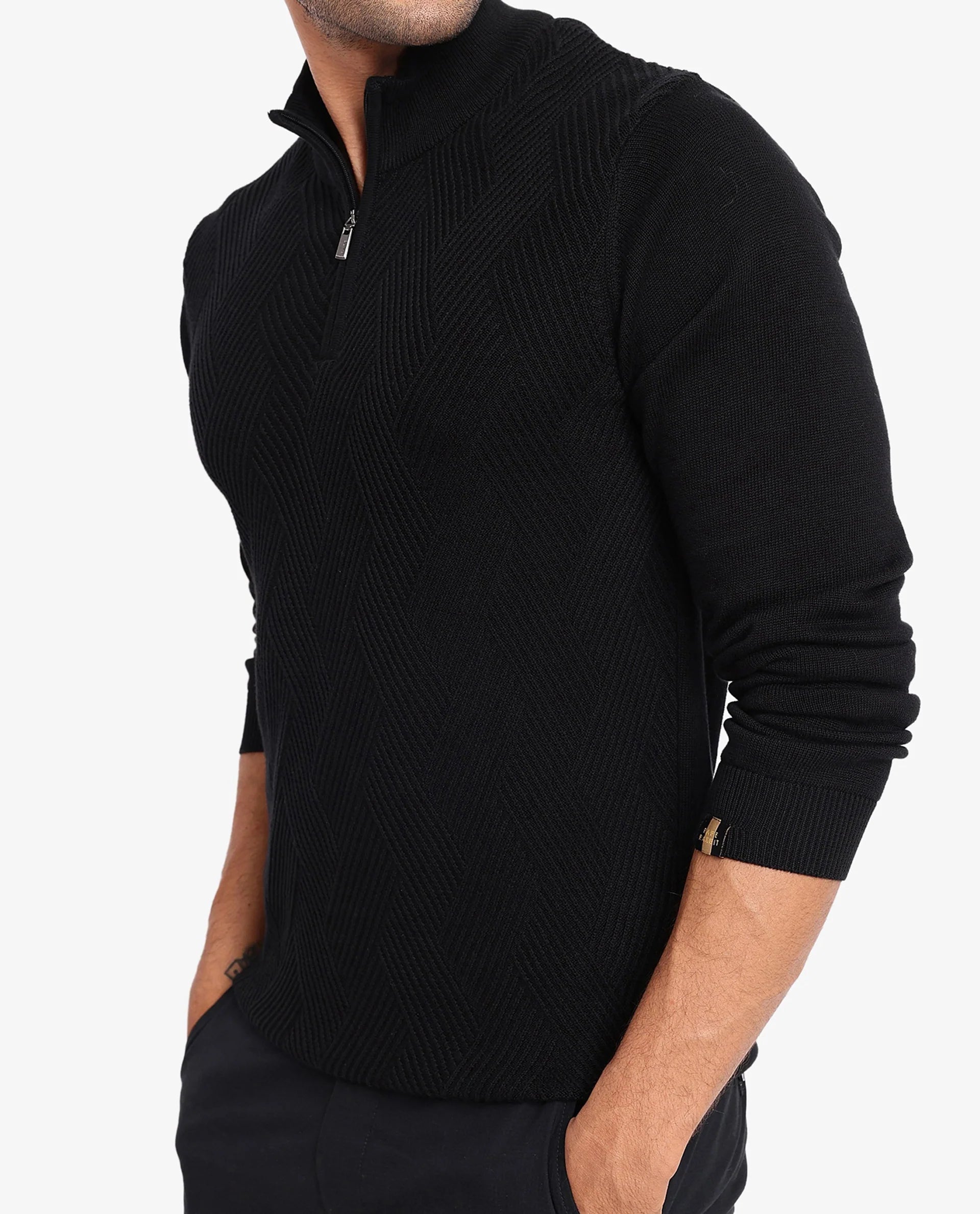 Rare Rabbit Men's Toyder Black Cotton Fabric Full Sleeve High Neck Zipper Closure Jacquard Sweater