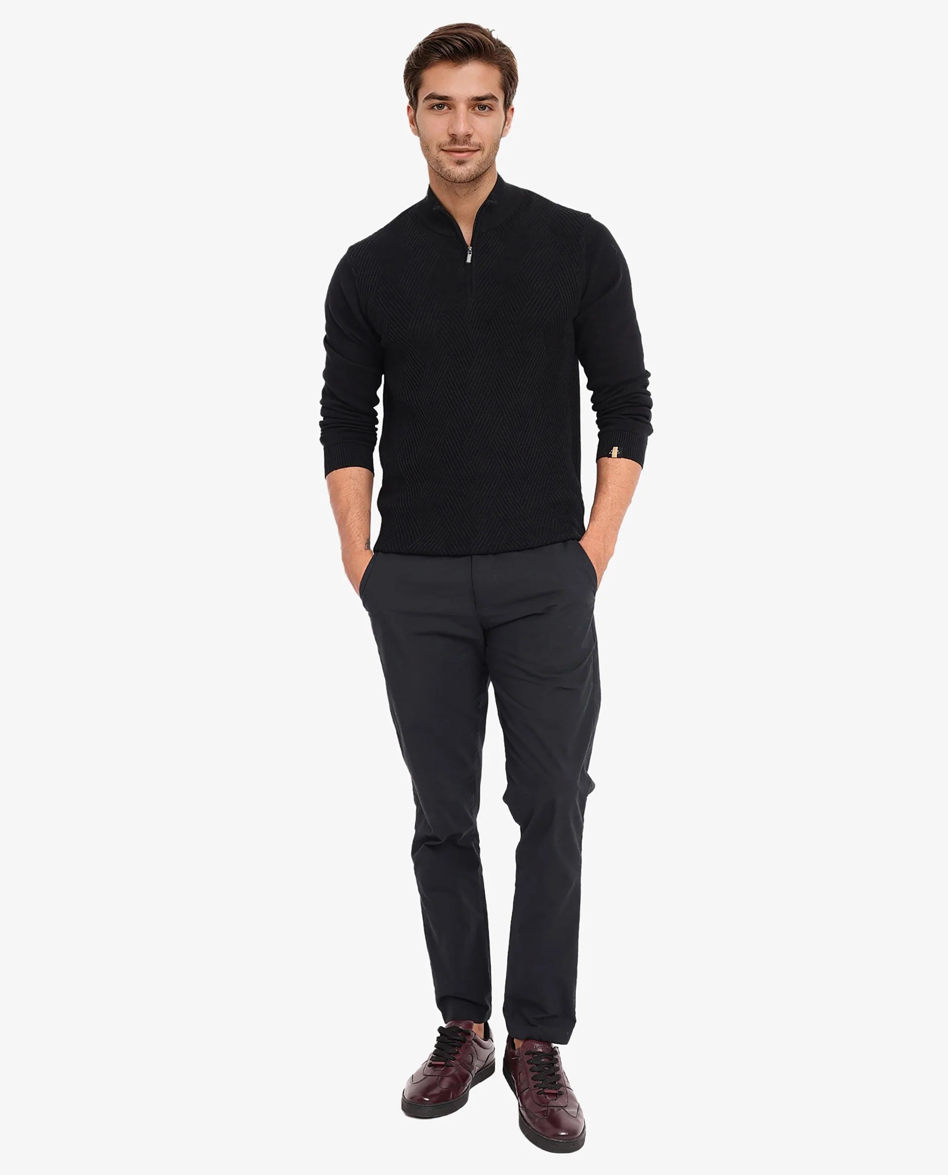 Rare Rabbit Men's Toyder Black Cotton Fabric Full Sleeve High Neck Zipper Closure Jacquard Sweater