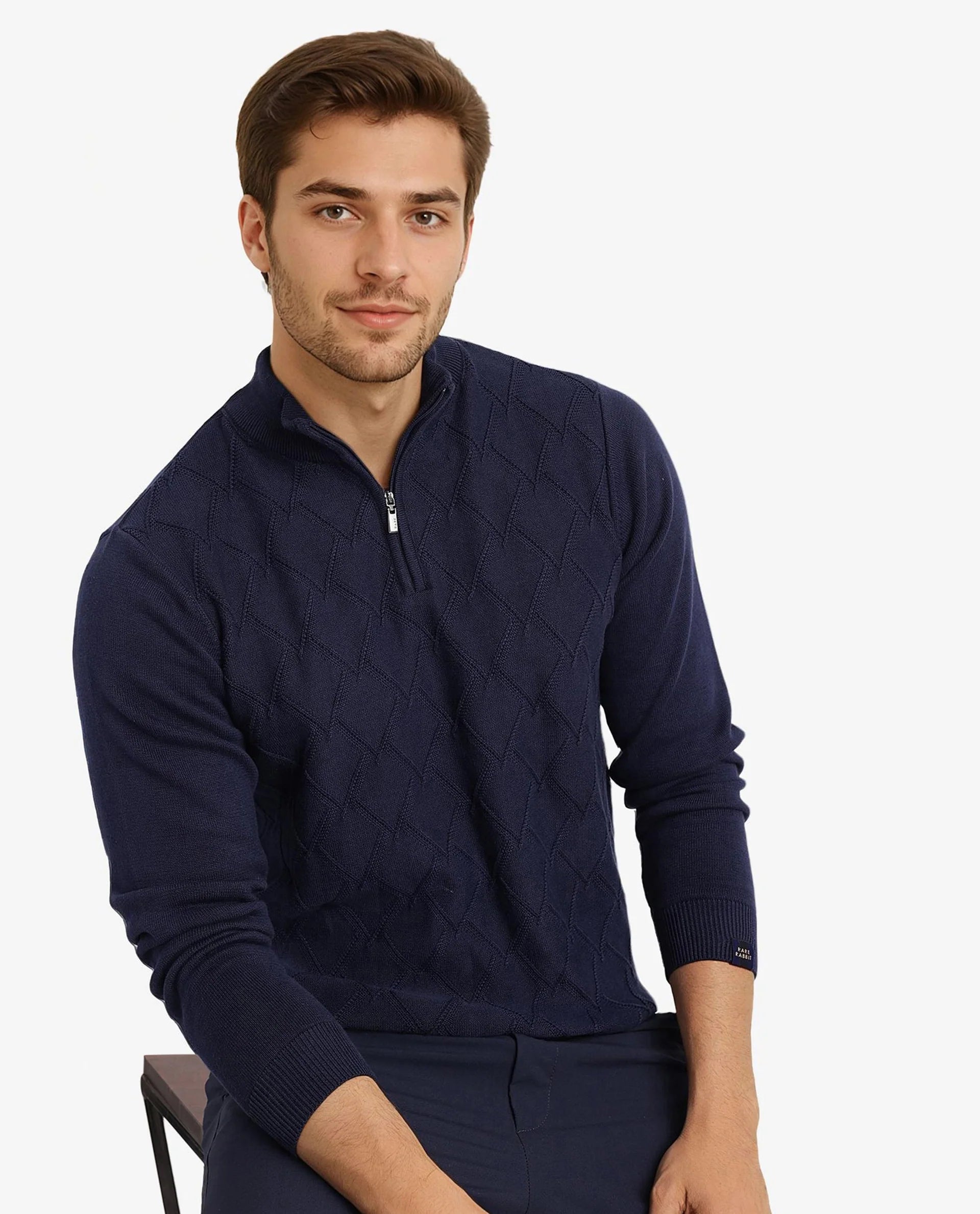 Rare Rabbit Men's Toyder Navy Cotton Fabric Full Sleeve High Neck Zipper Closure Jacquard Sweater