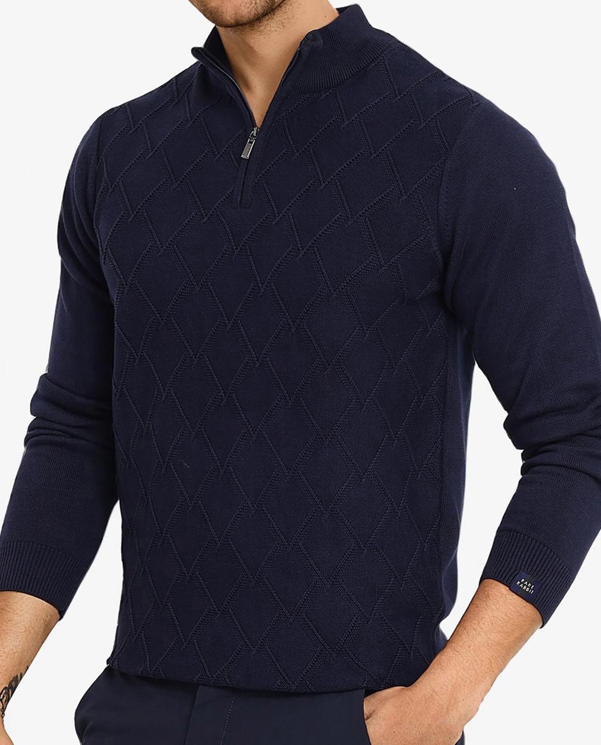 Rare Rabbit Men's Toyder Navy Cotton Fabric Full Sleeve High Neck Zipper Closure Jacquard Sweater