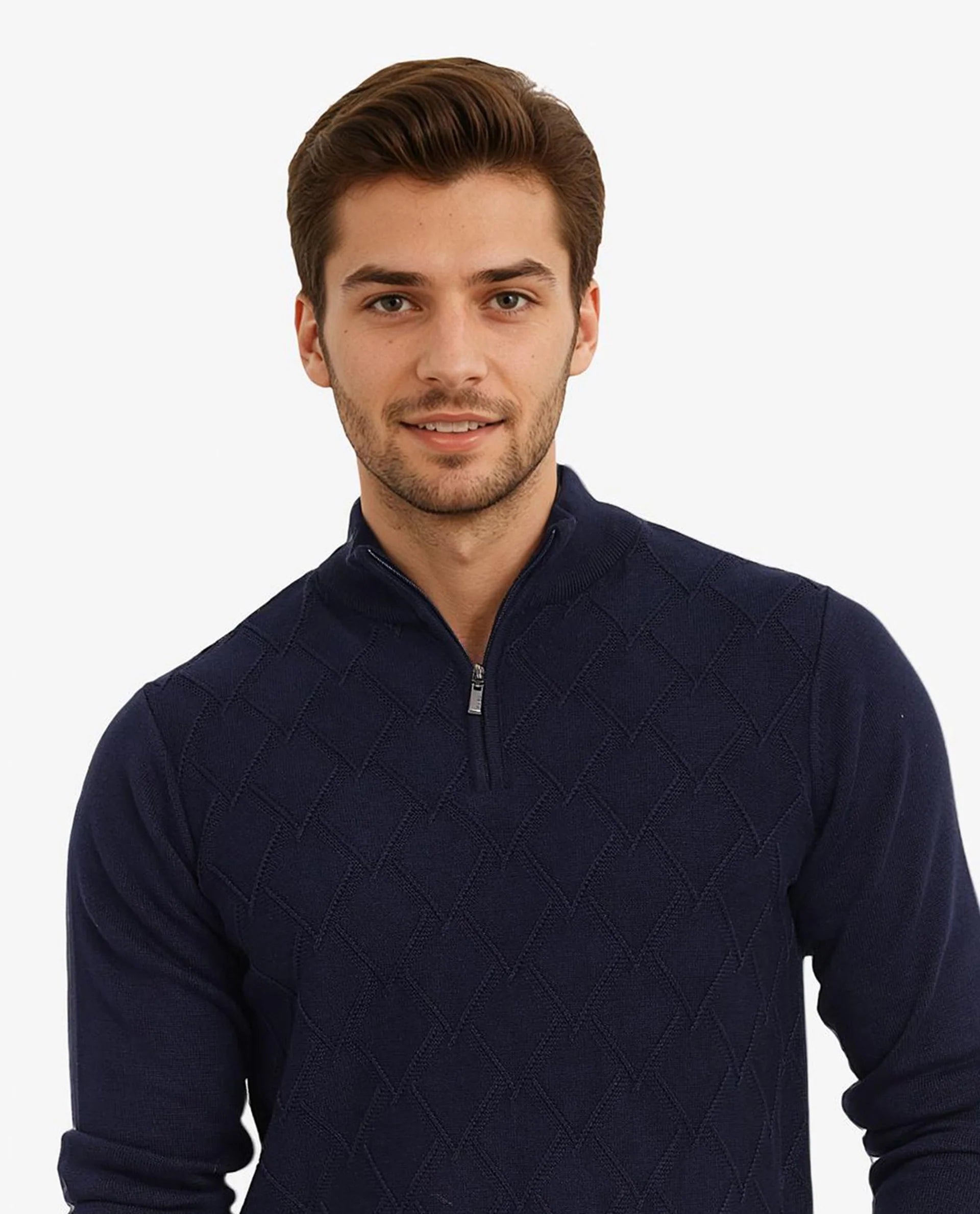 Rare Rabbit Men's Toyder Navy Cotton Fabric Full Sleeve High Neck Zipper Closure Jacquard Sweater