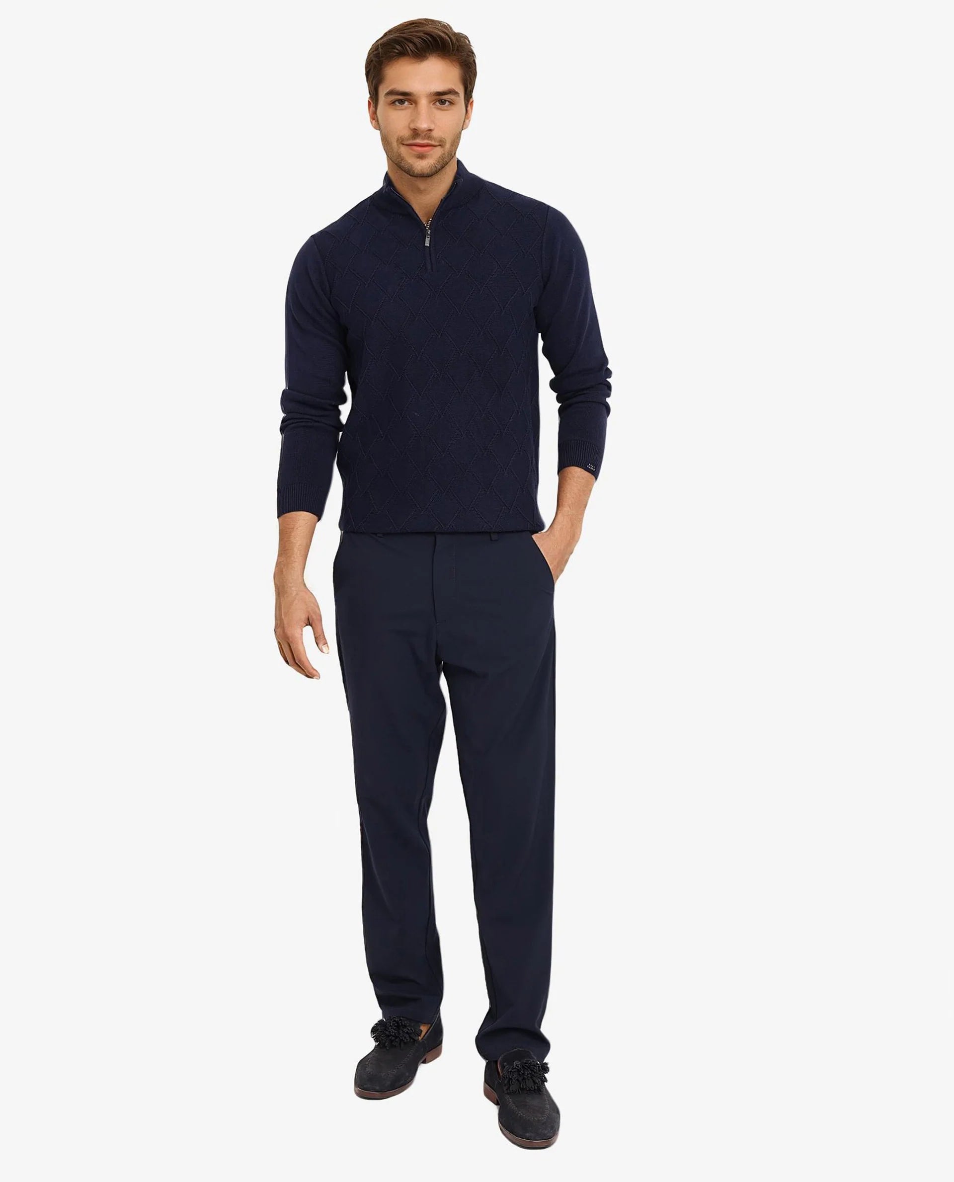 Rare Rabbit Men's Toyder Navy Cotton Fabric Full Sleeve High Neck Zipper Closure Jacquard Sweater