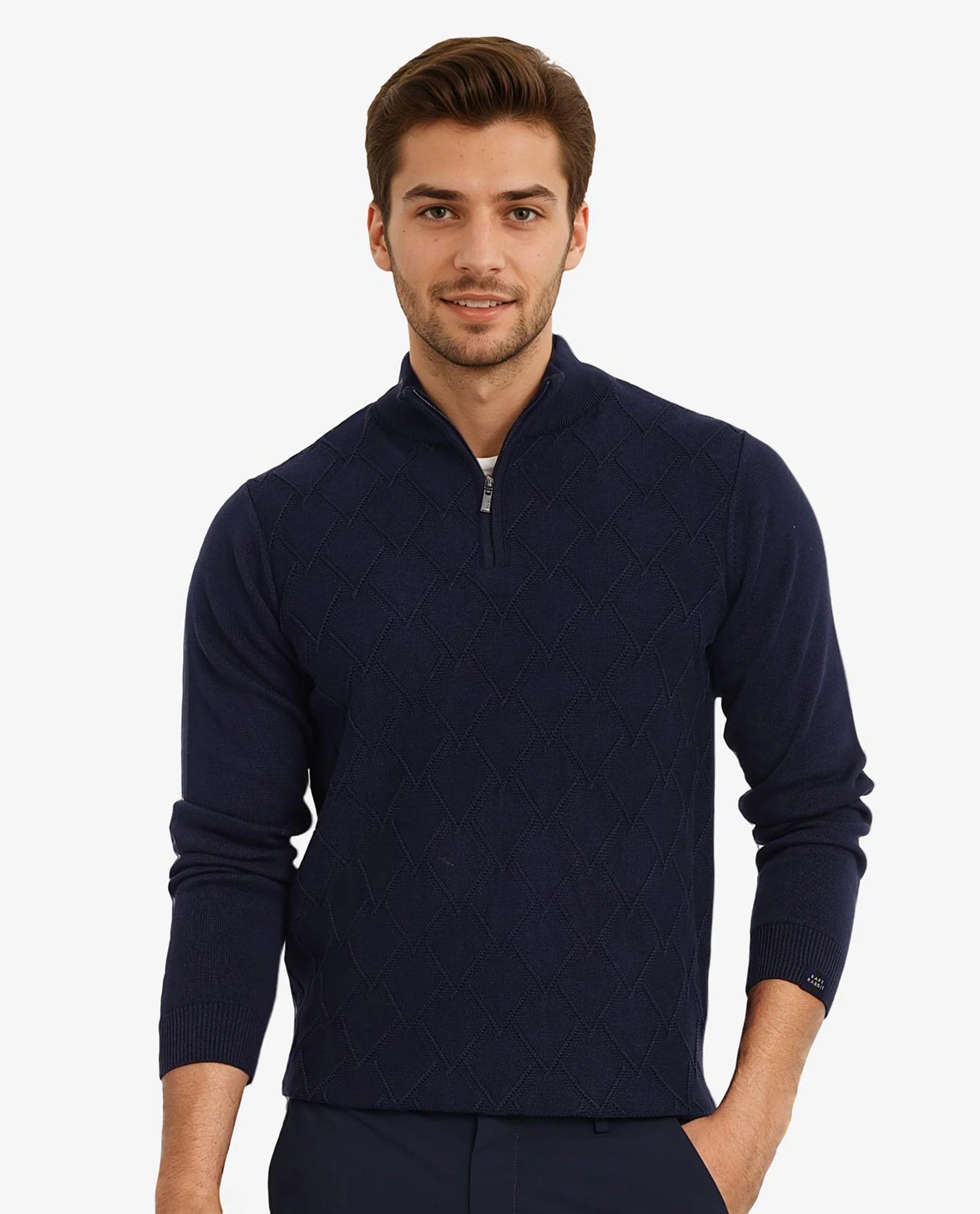 Rare Rabbit Men's Toyder Navy Cotton Fabric Full Sleeve High Neck Zipper Closure Jacquard Sweater