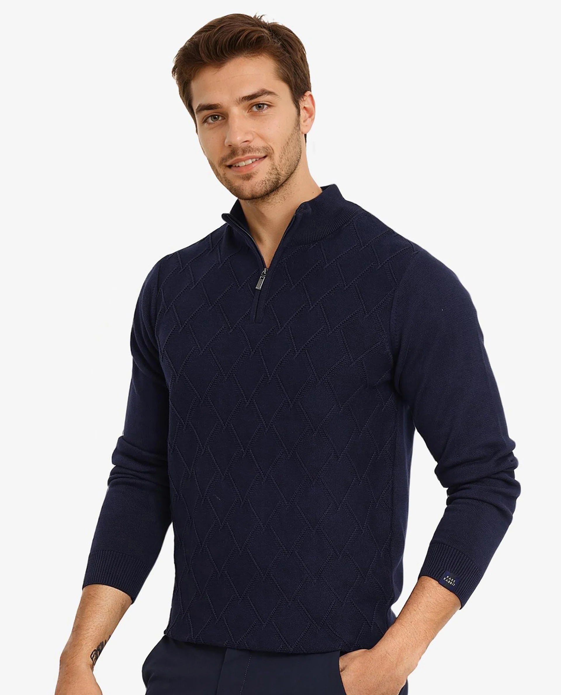 Rare Rabbit Men's Toyder Navy Cotton Fabric Full Sleeve High Neck Zipper Closure Jacquard Sweater