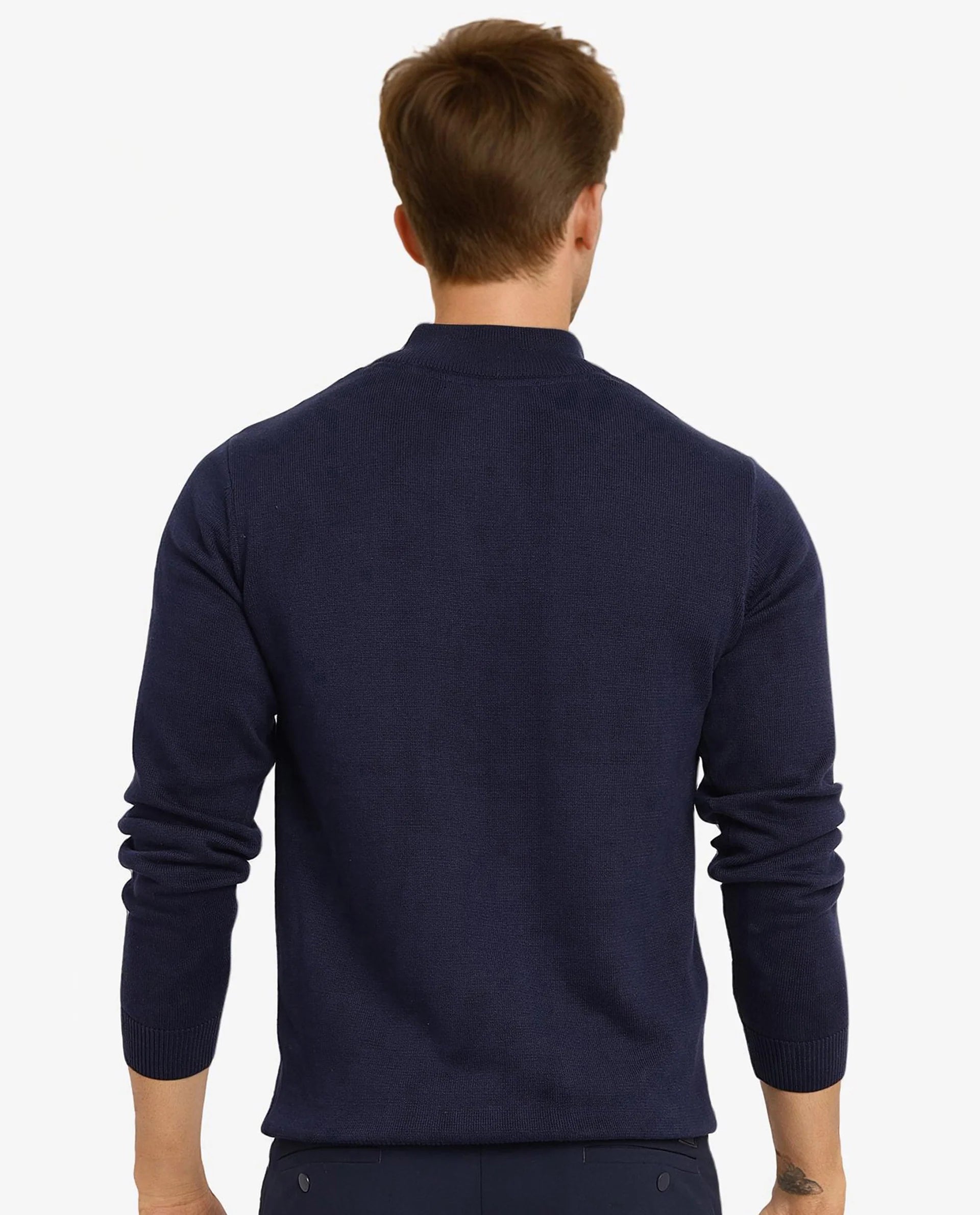 Rare Rabbit Men's Toyder Navy Cotton Fabric Full Sleeve High Neck Zipper Closure Jacquard Sweater