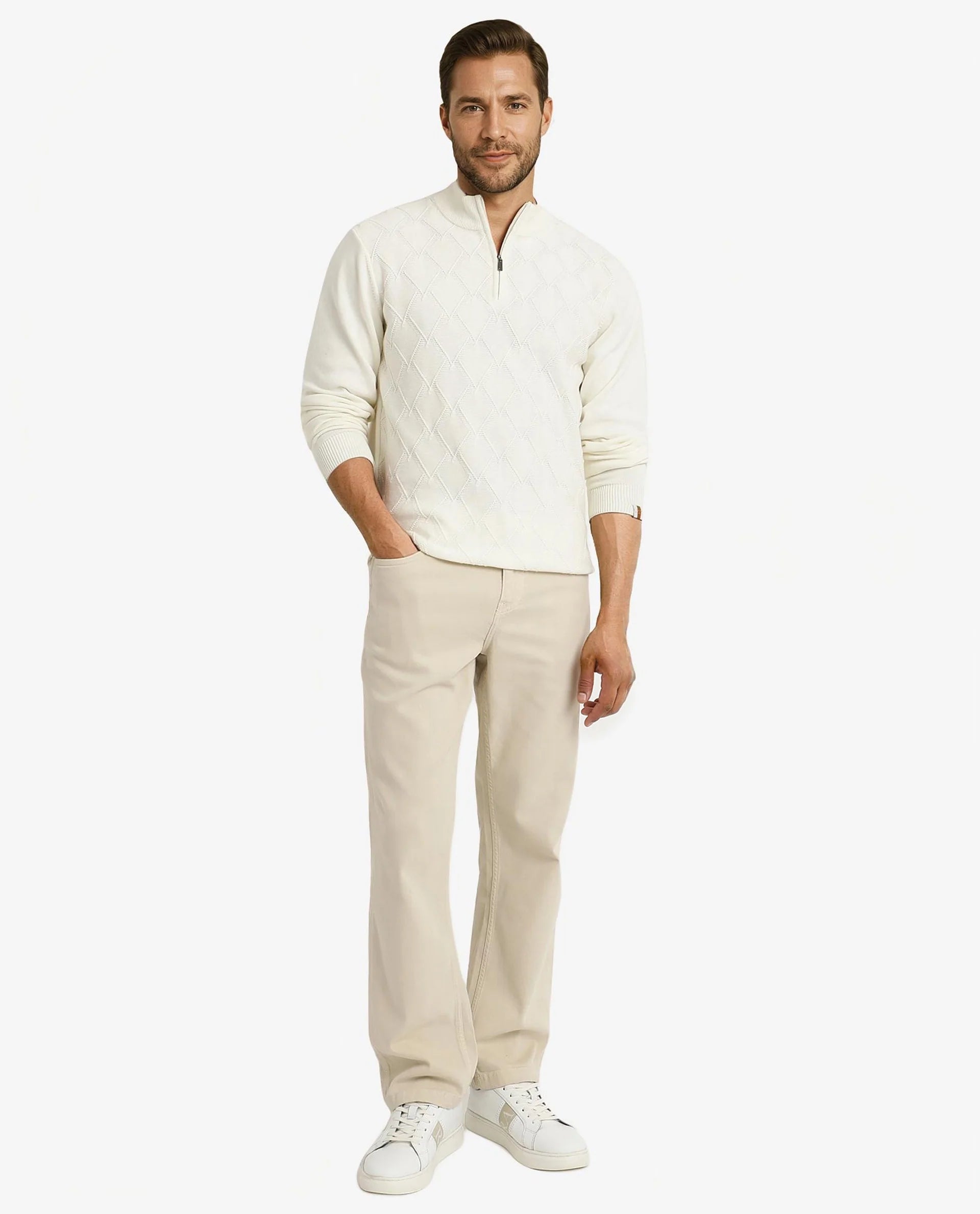 Rare Rabbit Men's Toyder Off White Cotton Fabric Full Sleeve High Neck Zipper Closure Plain Sweater