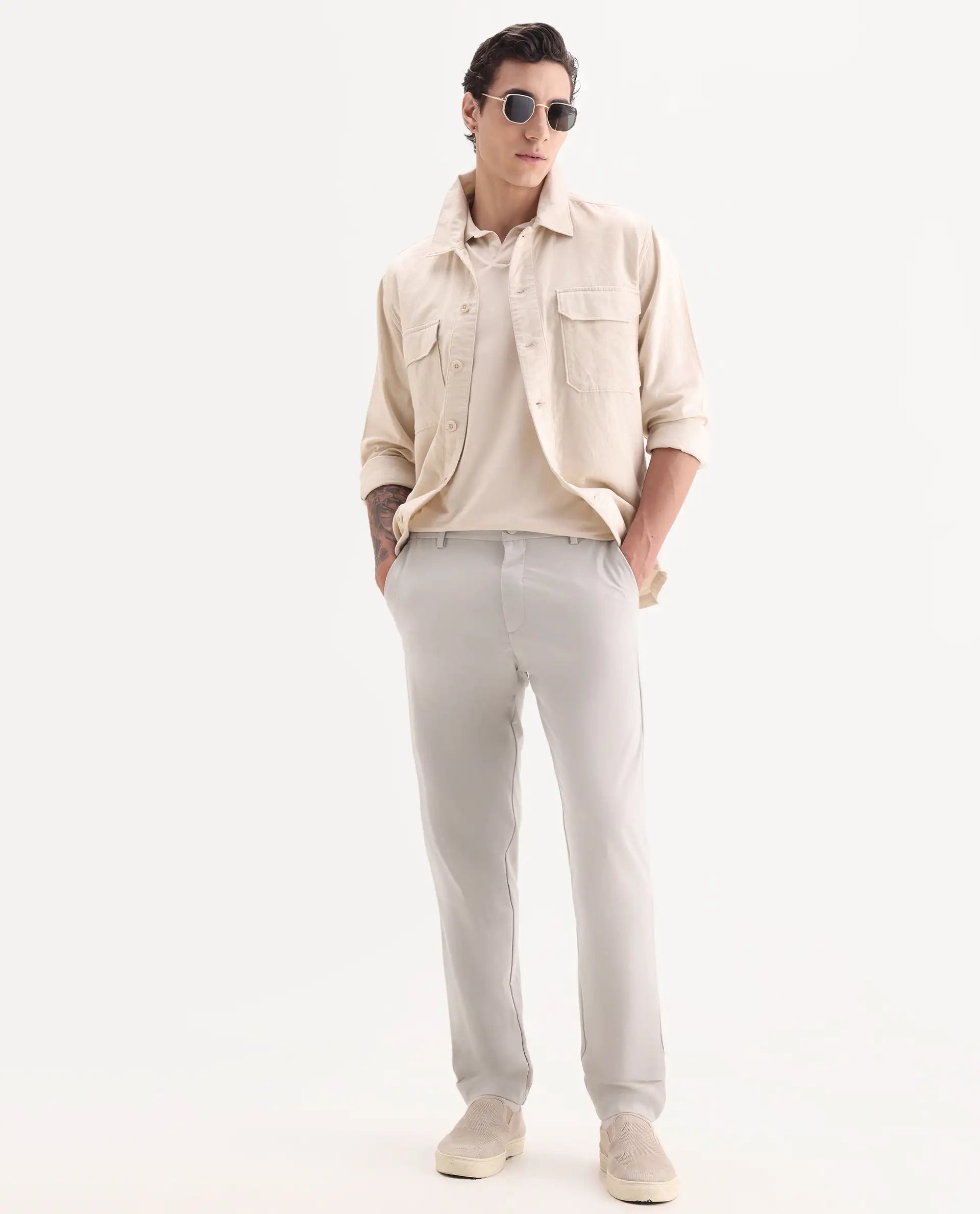 Rare Rabbit Men's Travel-11 Light Beige Polyester Blend Plain Regular Fit Trouser