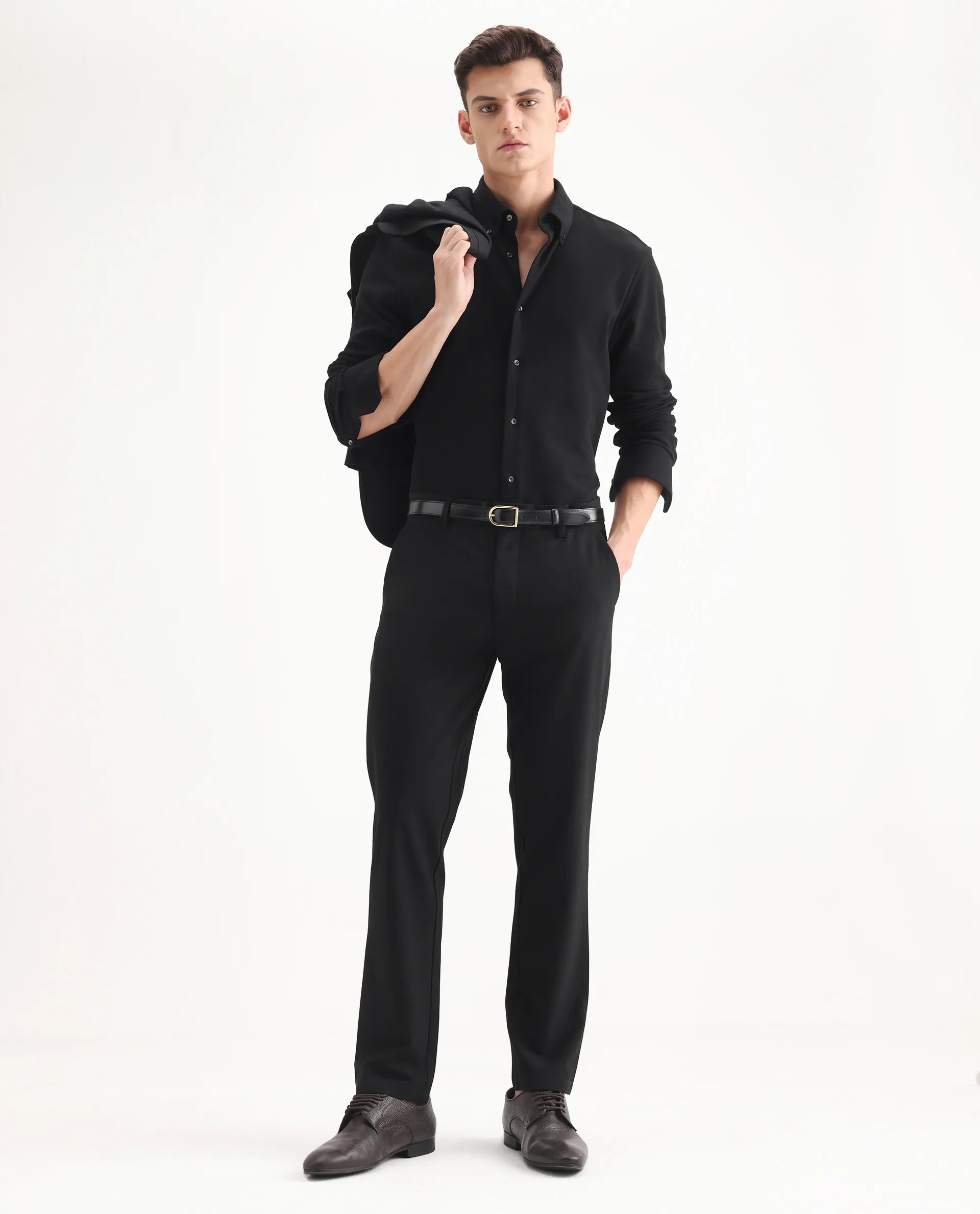 Rare Rabbit Men's Travel-25 Black Polyester Blend Plain Regular Fit Trouser