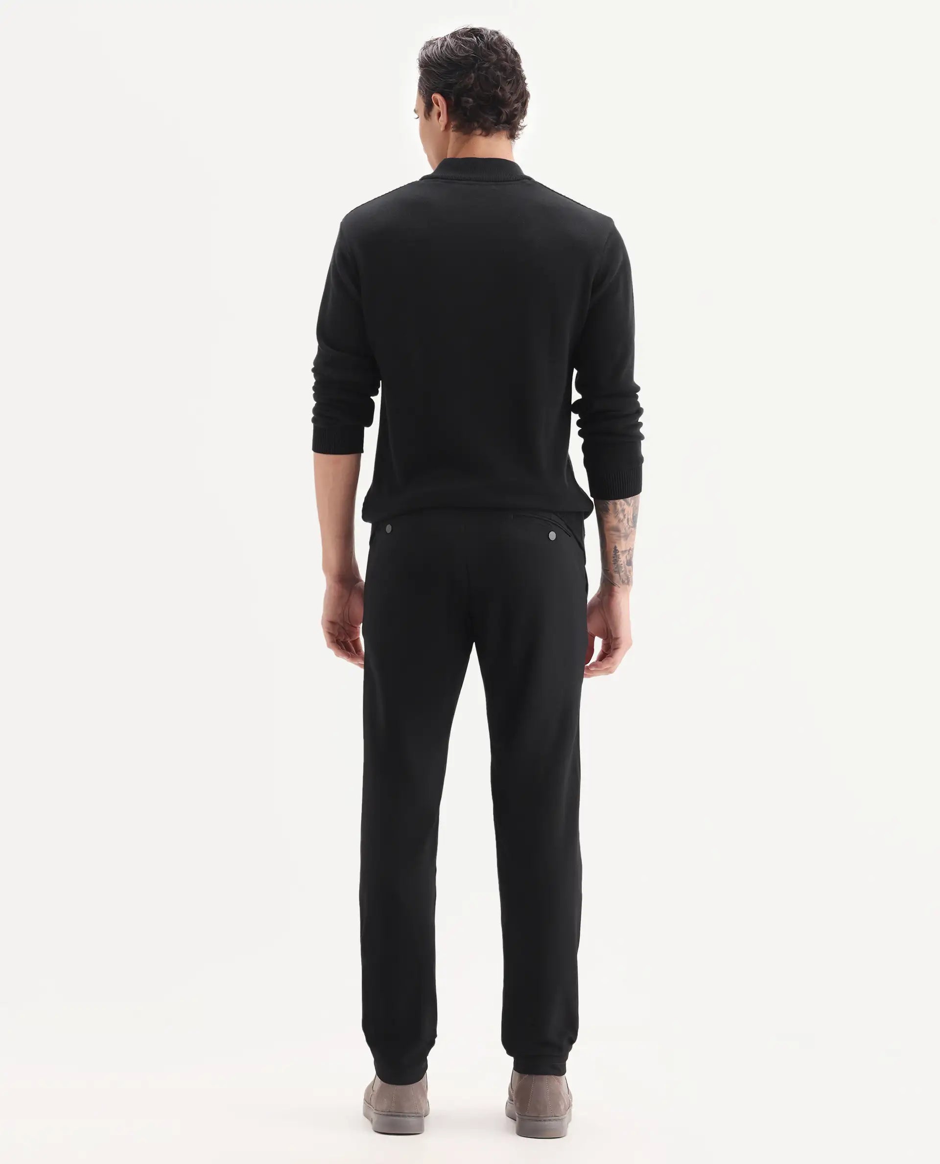 Rare Rabbit Men's Travel-24 Black Poly Viscose Lycra Fabric Blend Solid Trousers