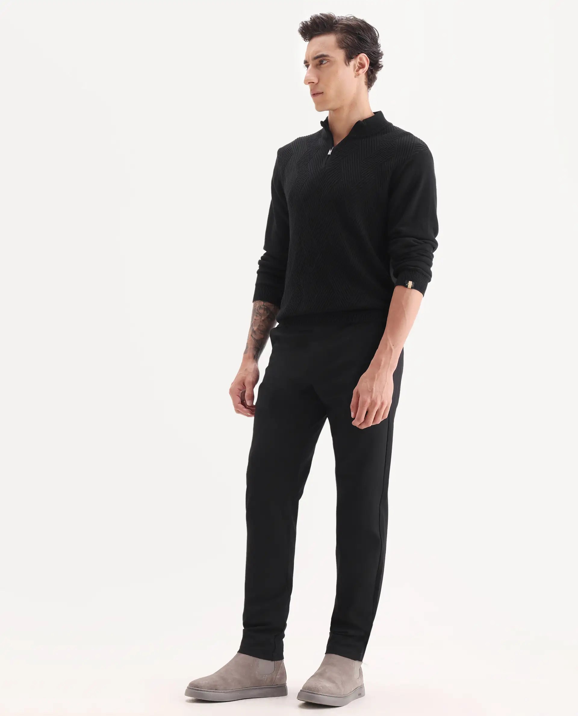 Rare Rabbit Men's Travel-24 Black Poly Viscose Lycra Fabric Blend Solid Trousers