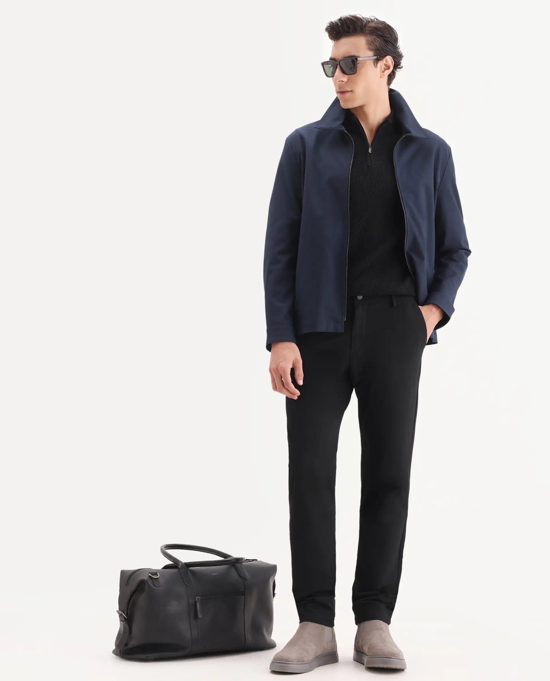 Rare Rabbit Men's Travel-24 Black Poly Viscose Lycra Fabric Blend Solid Trousers