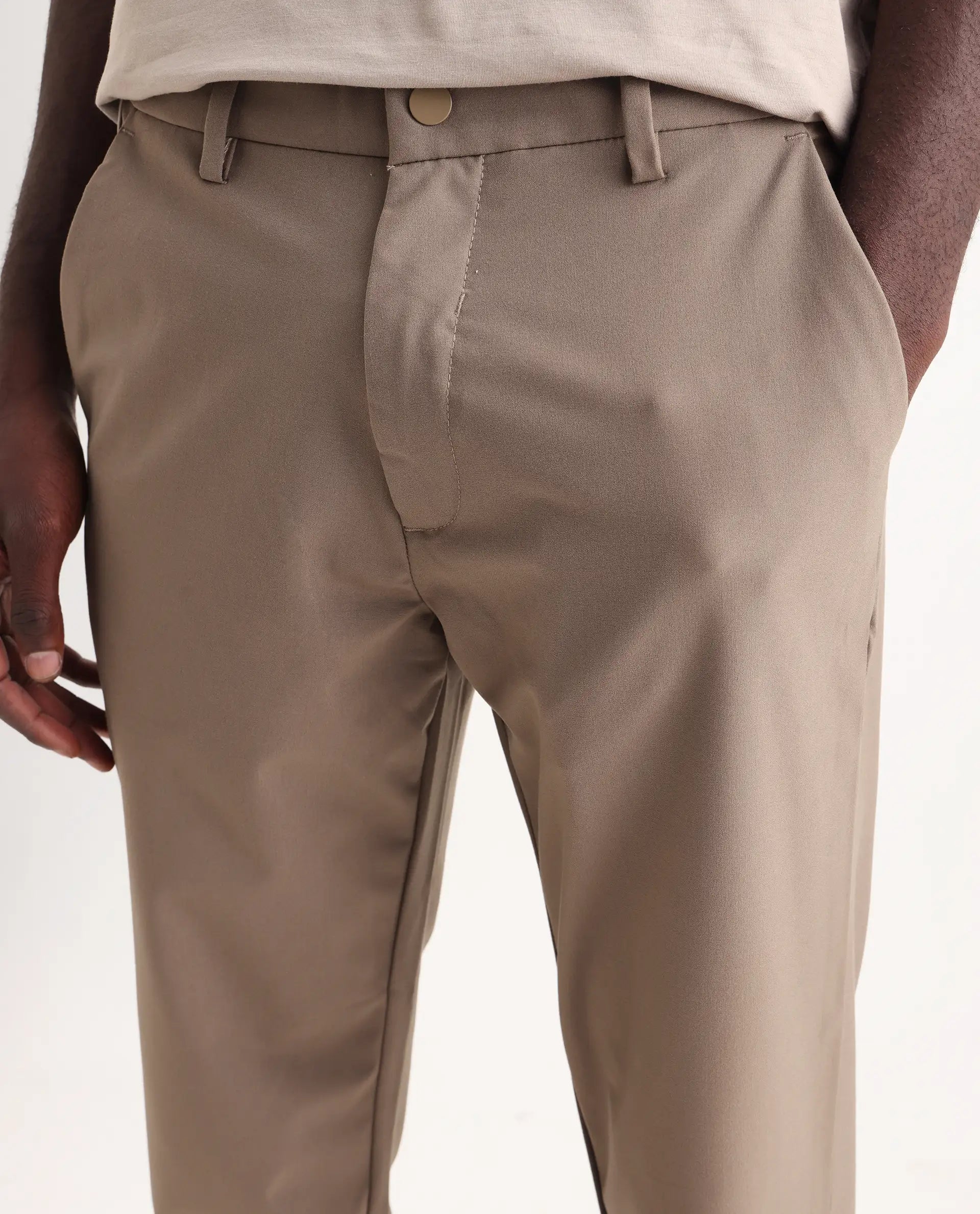 Rare Rabbit Men's Travel-25 Khaki Polyester Blend Plain Regular Fit Trouser