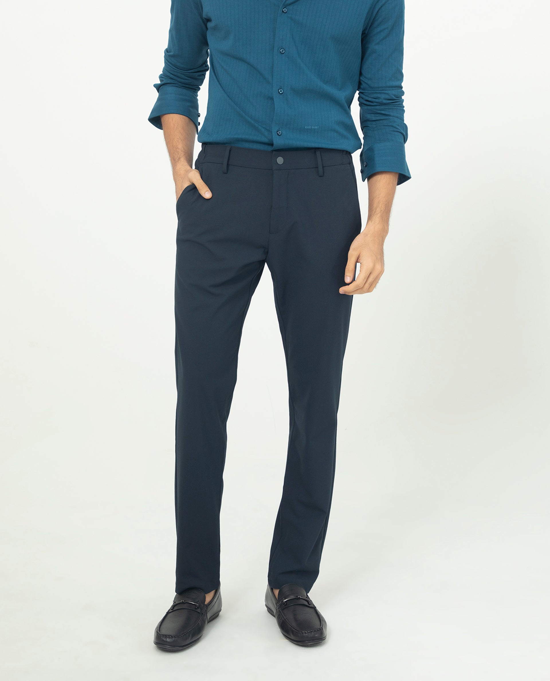 Rare Rabbit Men's Traveller Navy Solid Mid-Rise Regular Fit Trouser