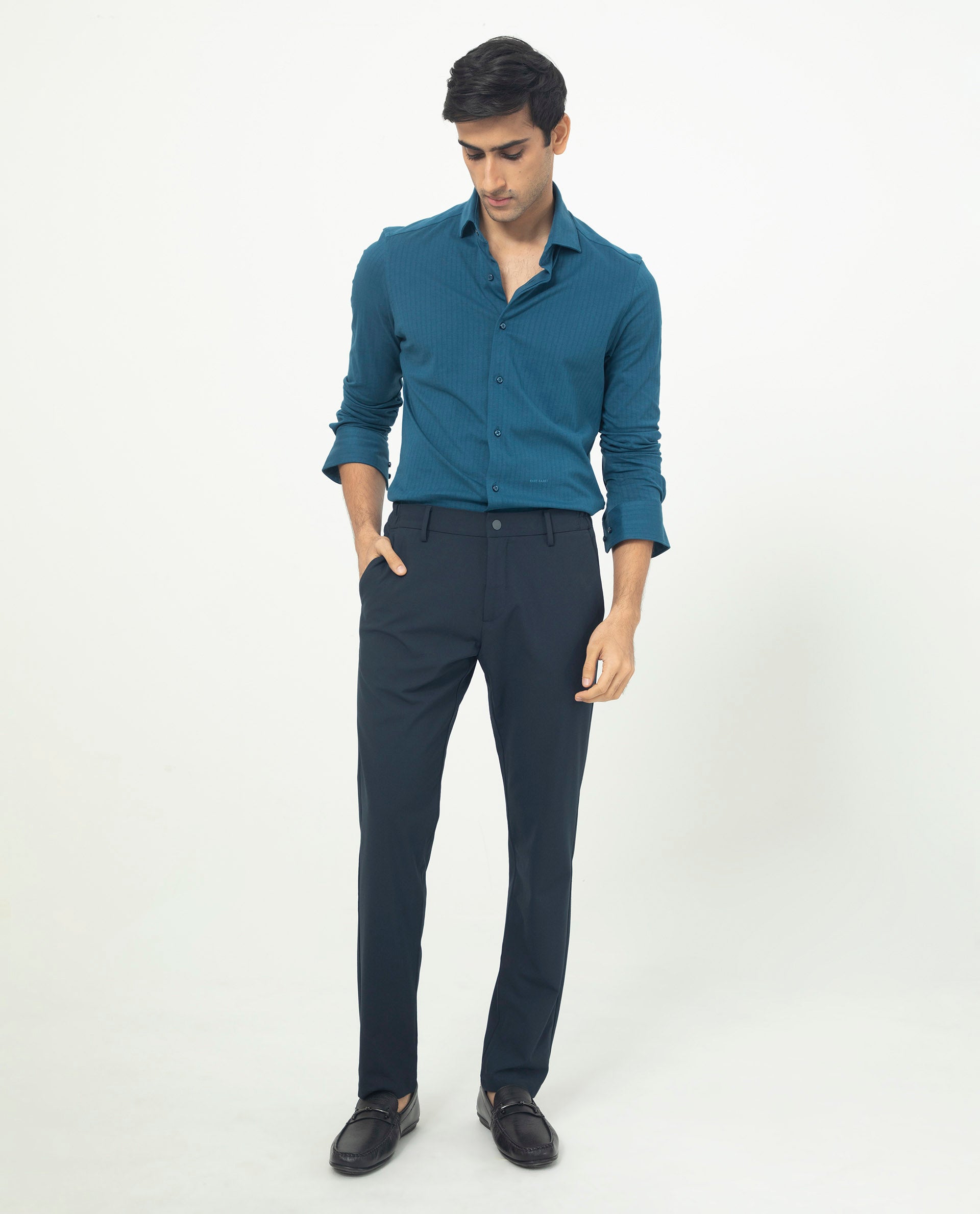 Rare Rabbit Men's Traveller Navy Solid Mid-Rise Regular Fit Trouser