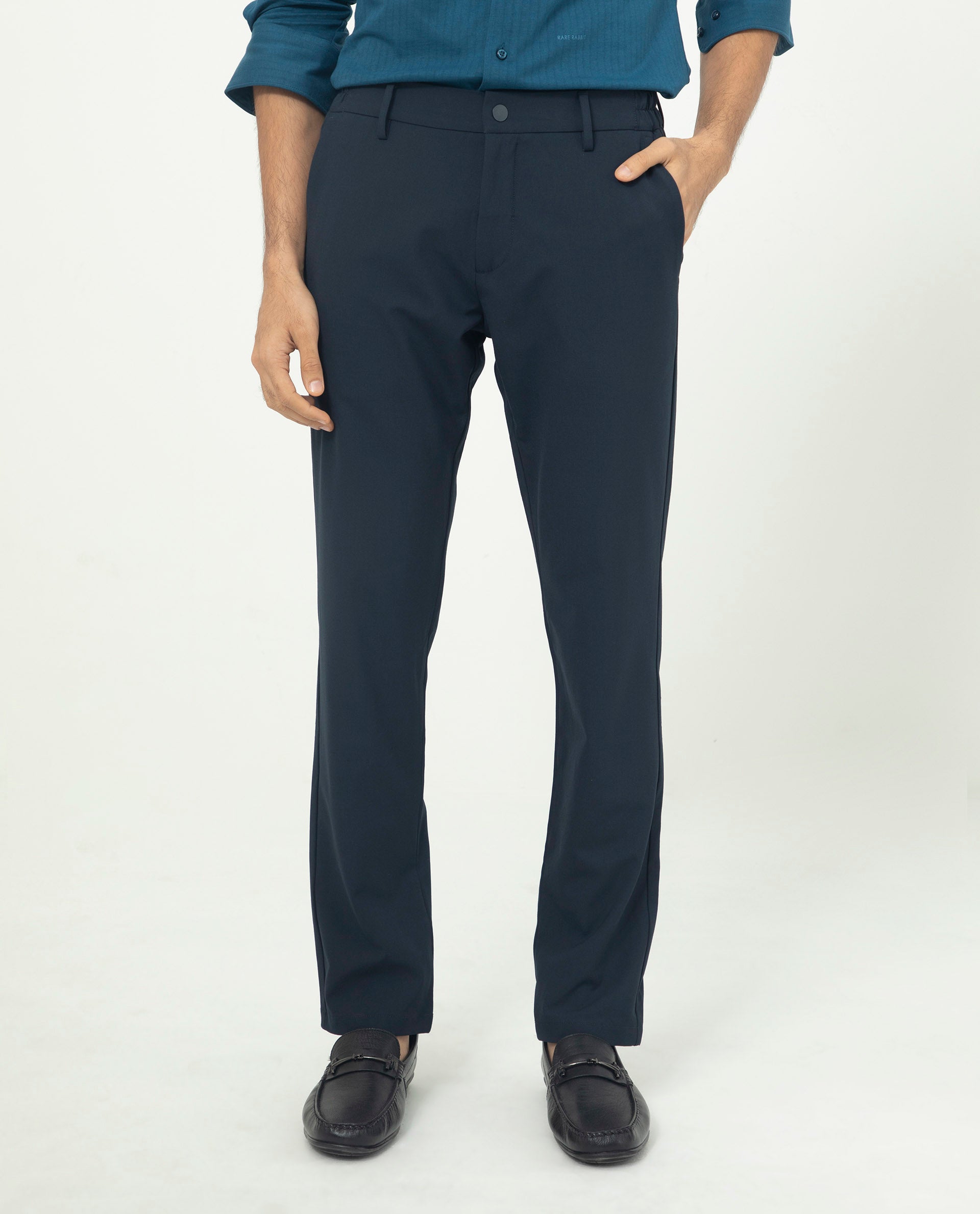 Rare Rabbit Men's Traveller Navy Solid Mid-Rise Regular Fit Trouser