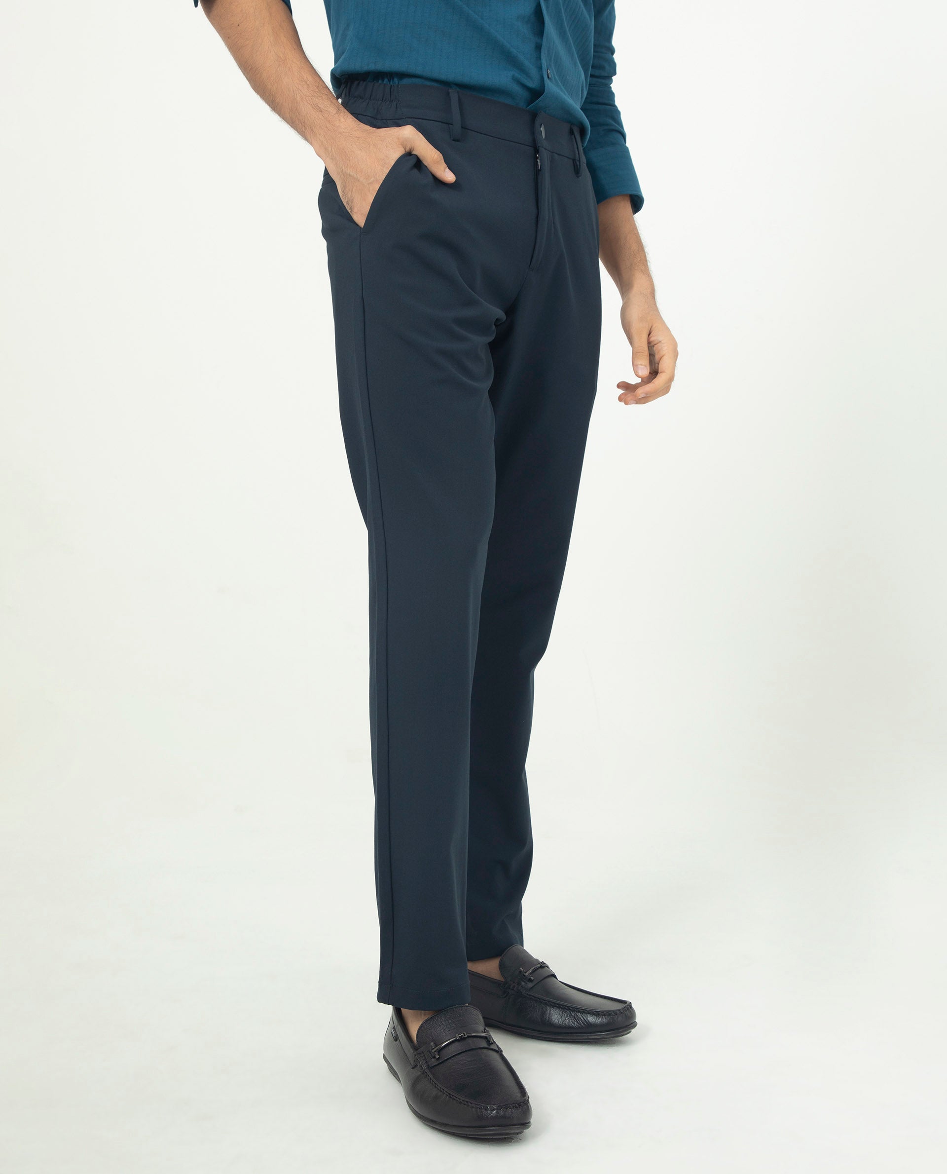 Rare Rabbit Men's Traveller Navy Solid Mid-Rise Regular Fit Trouser