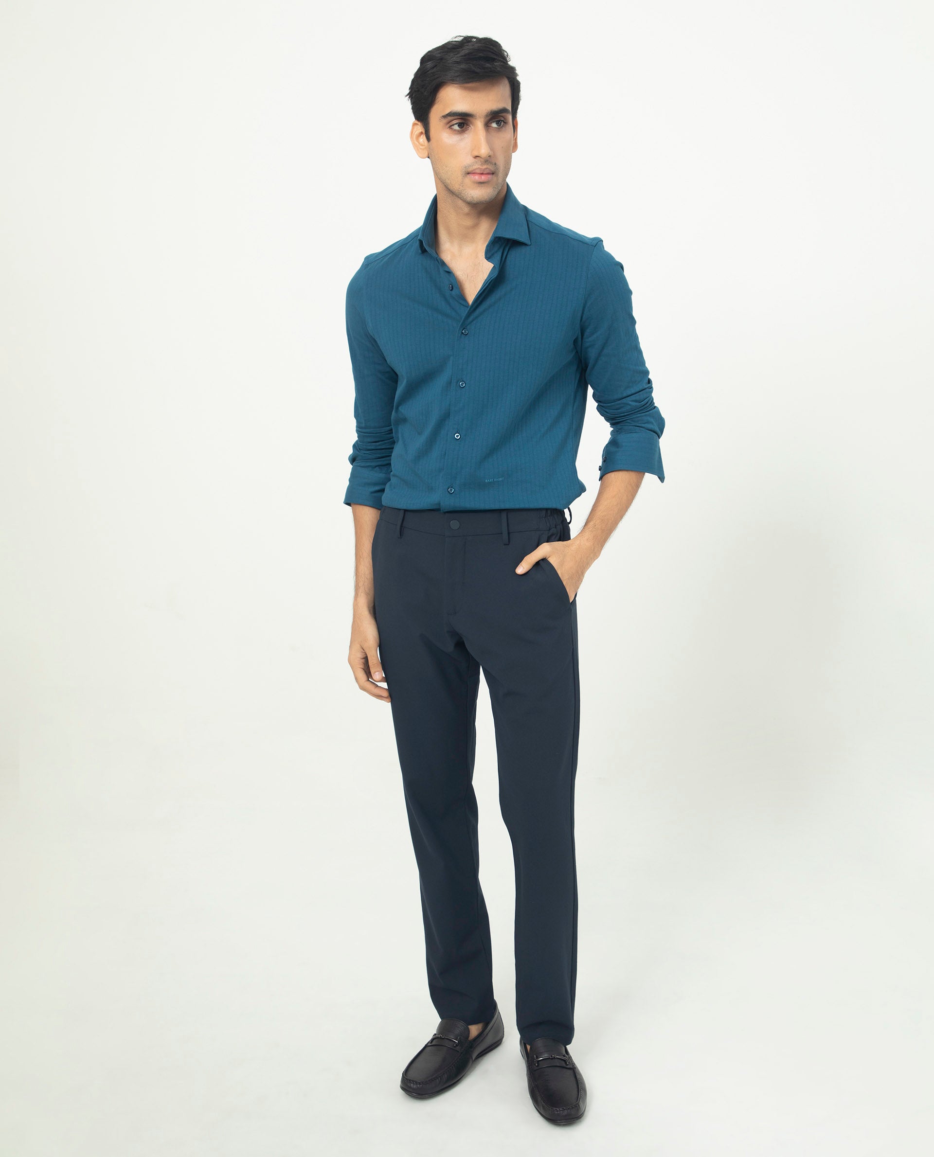 Rare Rabbit Men's Traveller Navy Solid Mid-Rise Regular Fit Trouser