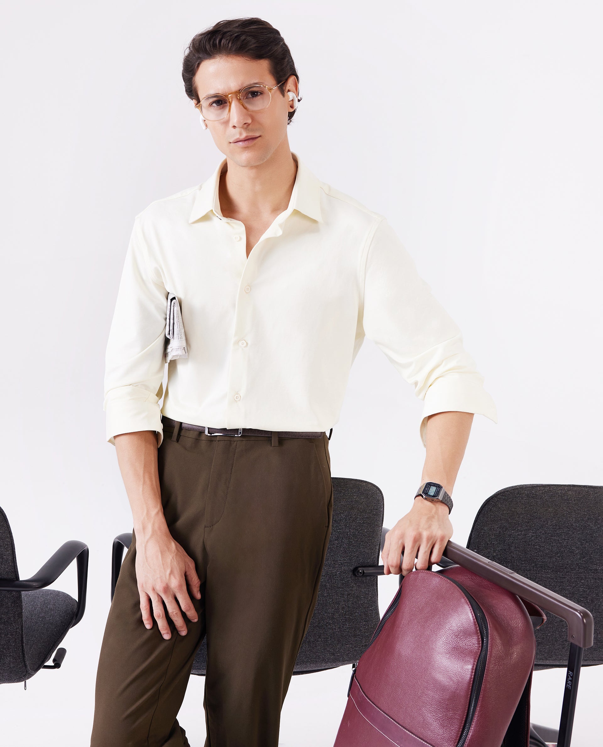 Rare Rabbit Men Tour Pastel Yellow Cotton Polyester Elastane Fabric Full Sleeve Collared Collar Button Closure Plain Knitted Formal Shirt