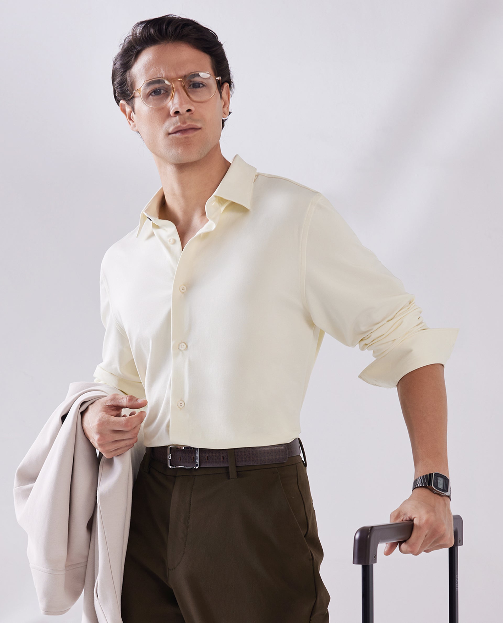 Rare Rabbit Men Tour Pastel Yellow Cotton Polyester Elastane Fabric Full Sleeve Collared Collar Button Closure Plain Knitted Formal Shirt