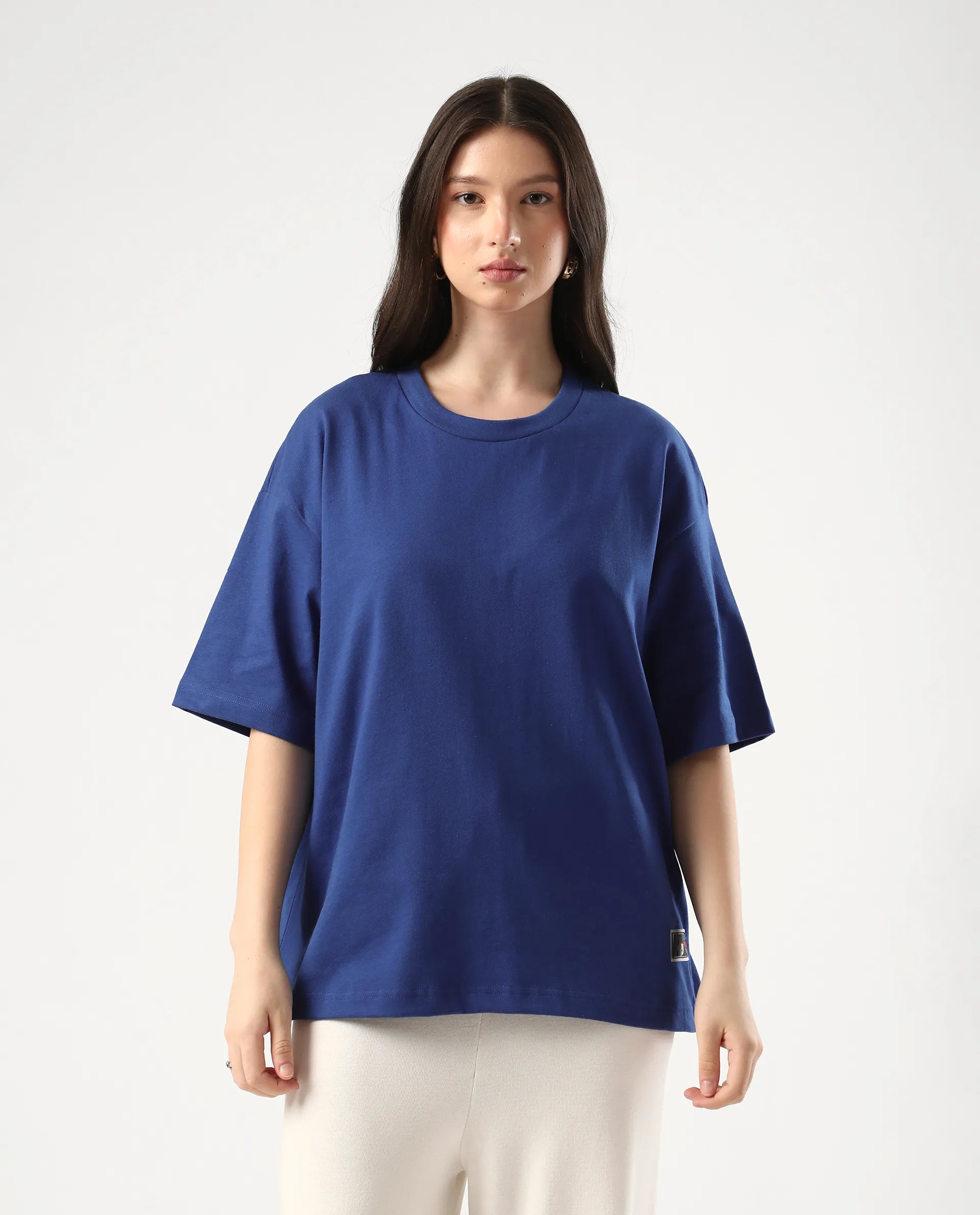 Rareism Women's Trebel Blue Cotton Graphic Print Oversized T-Shirt