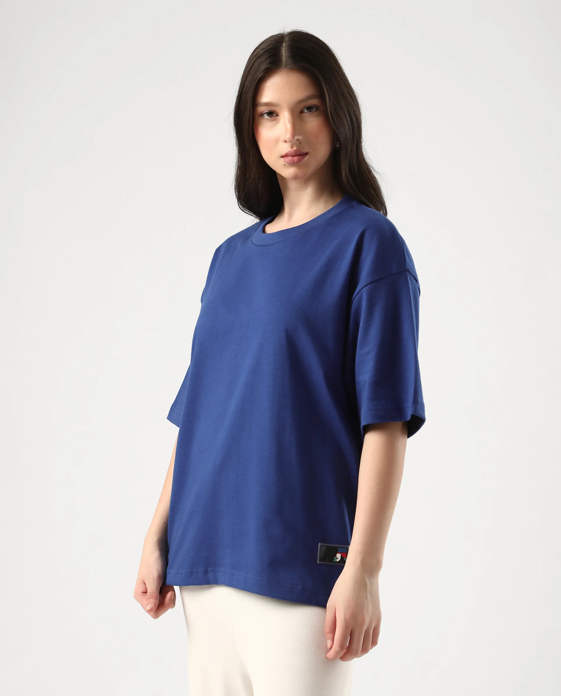 Rareism Women's Trebel Blue Cotton Graphic Print Oversized T-Shirt