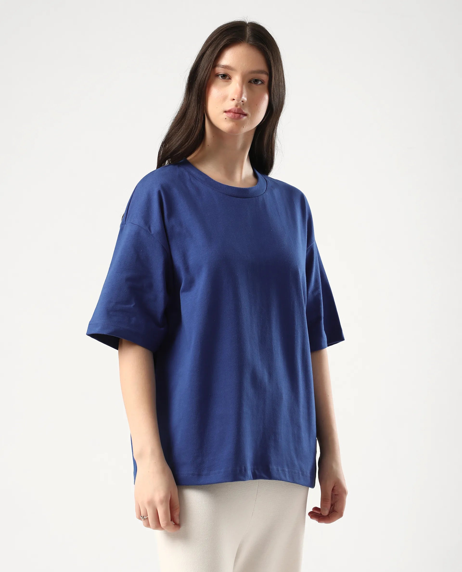 Rareism Women's Trebel Blue Cotton Graphic Print Oversized T-Shirt