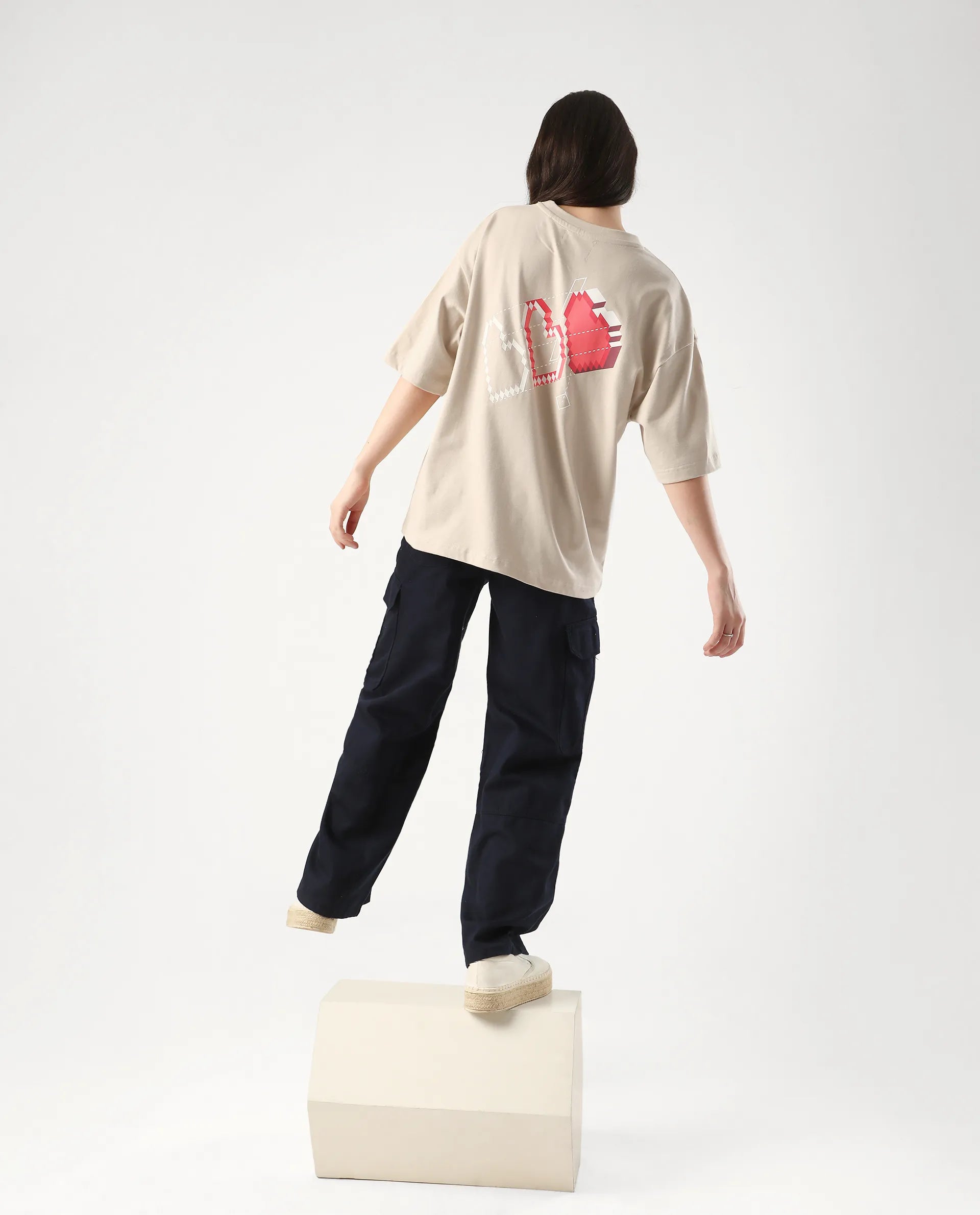 Rareism Women's Trebel Beige Cotton Graphic Print Oversized T-Shirt