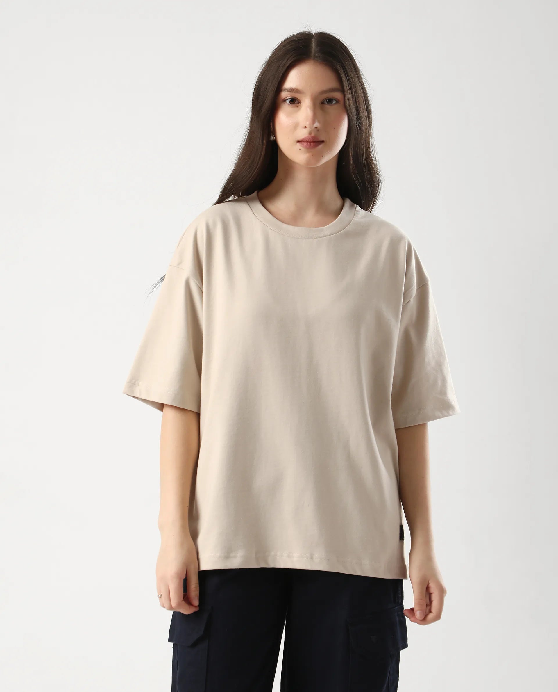 Rareism Women's Trebel Beige Cotton Graphic Print Oversized T-Shirt