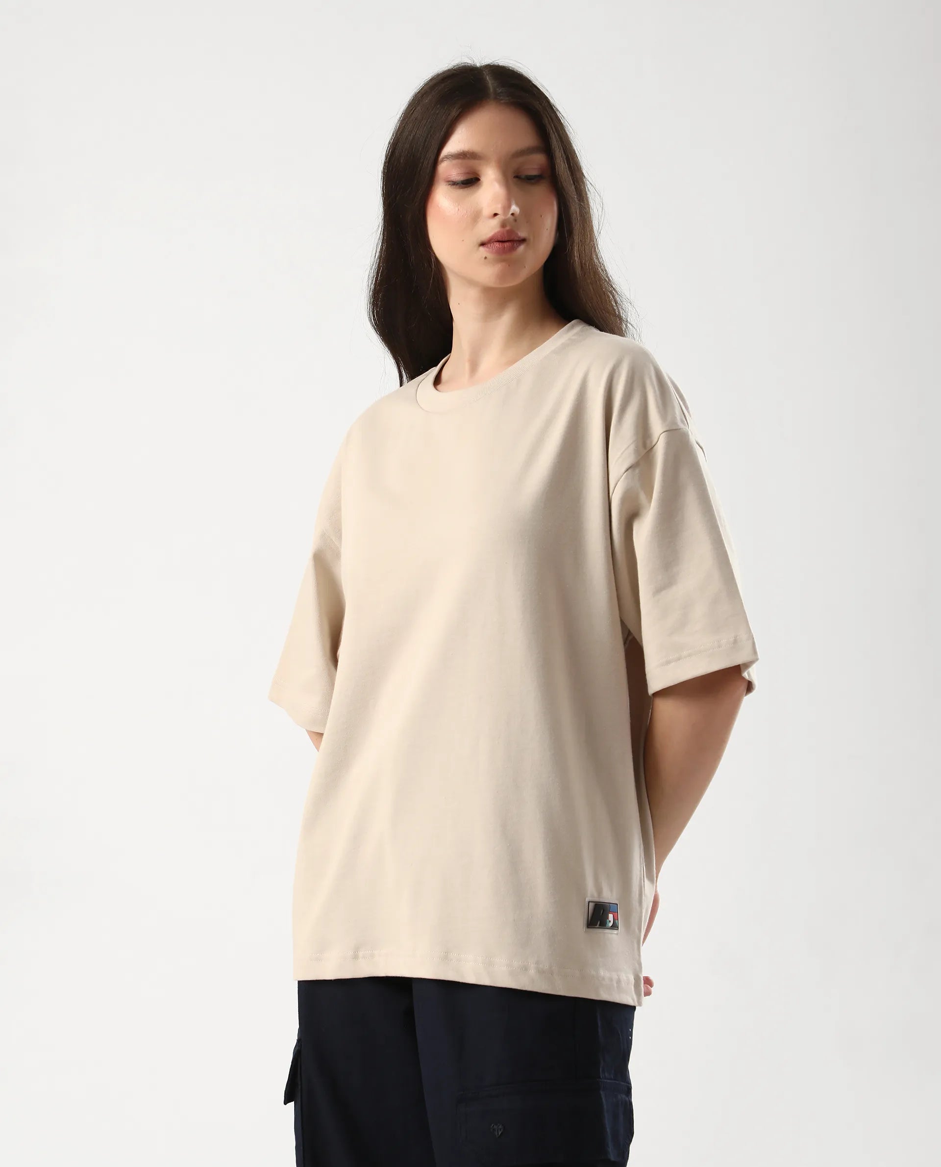 Rareism Women's Trebel Beige Cotton Graphic Print Oversized T-Shirt