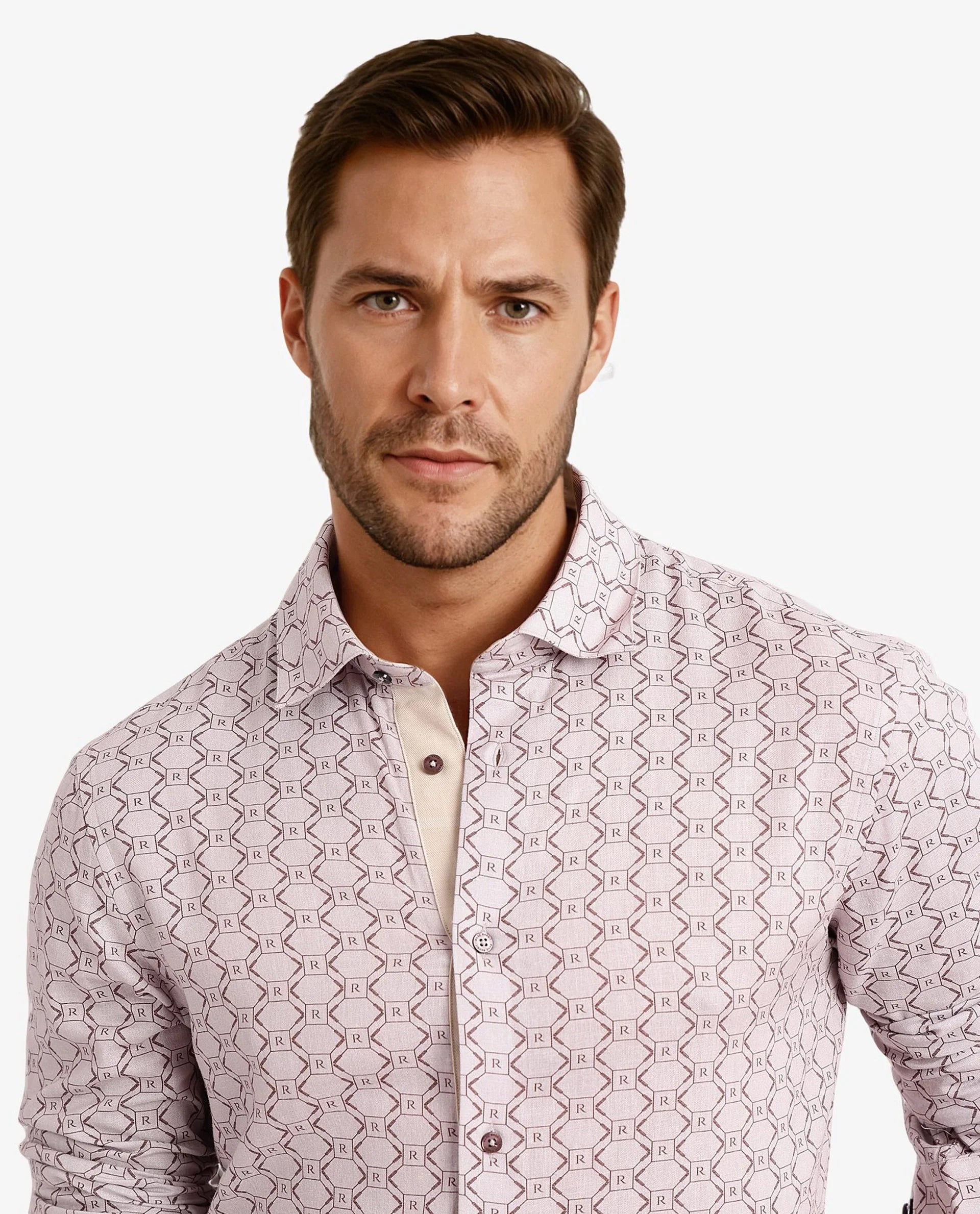 Rare Rabbit Men Trends Dusky Pink Full Sleeve Regular Fit Monogram Print Shirt