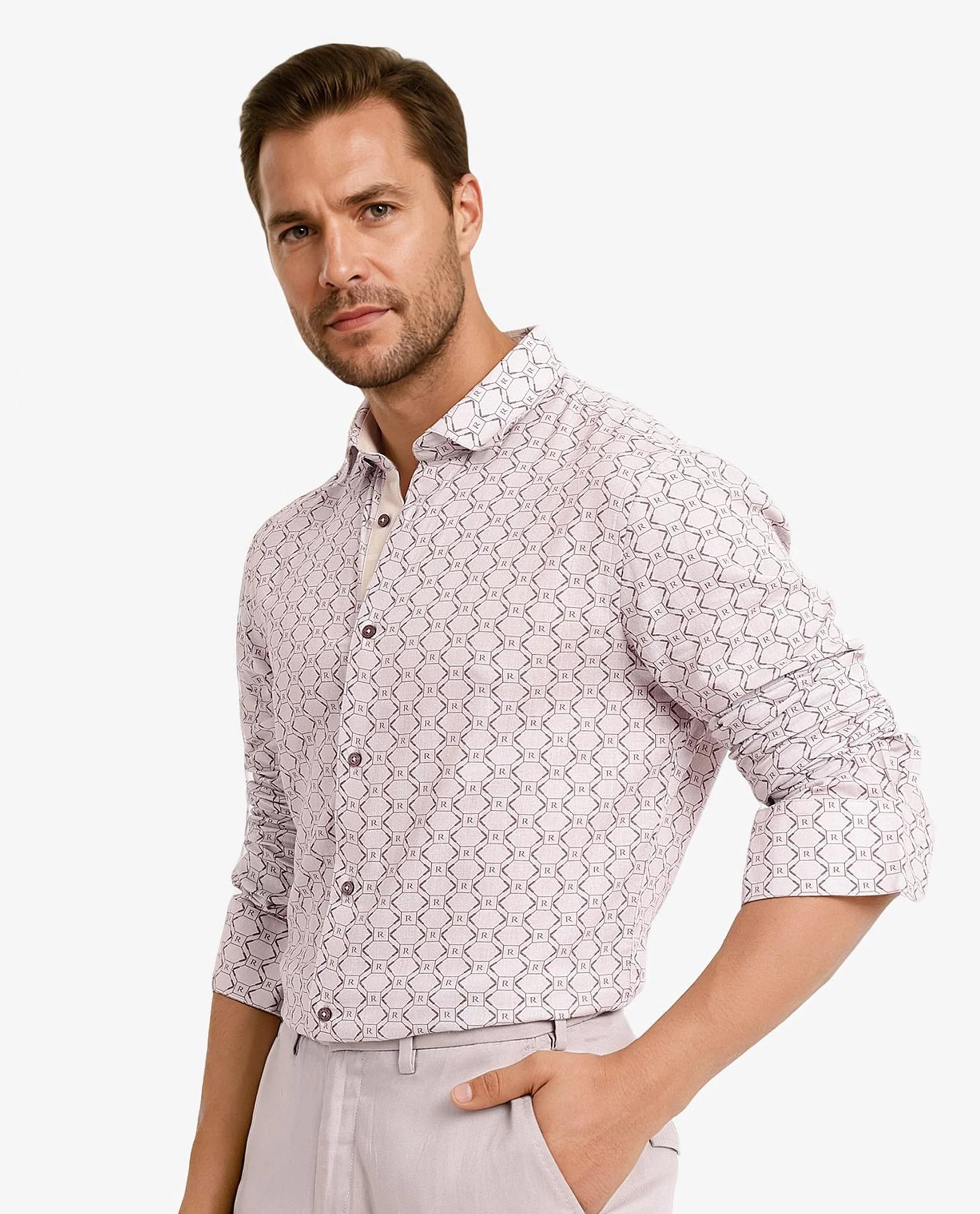 Rare Rabbit Men Trends Dusky Pink Full Sleeve Regular Fit Monogram Print Shirt